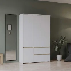 Clyde Kleiderschrank - 4 Türen und 2 Schubladen - Dekor Weiß/Eiche
