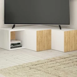 Compact TV-Ständer | 100 % MELAMIN | Weiß, Eiche