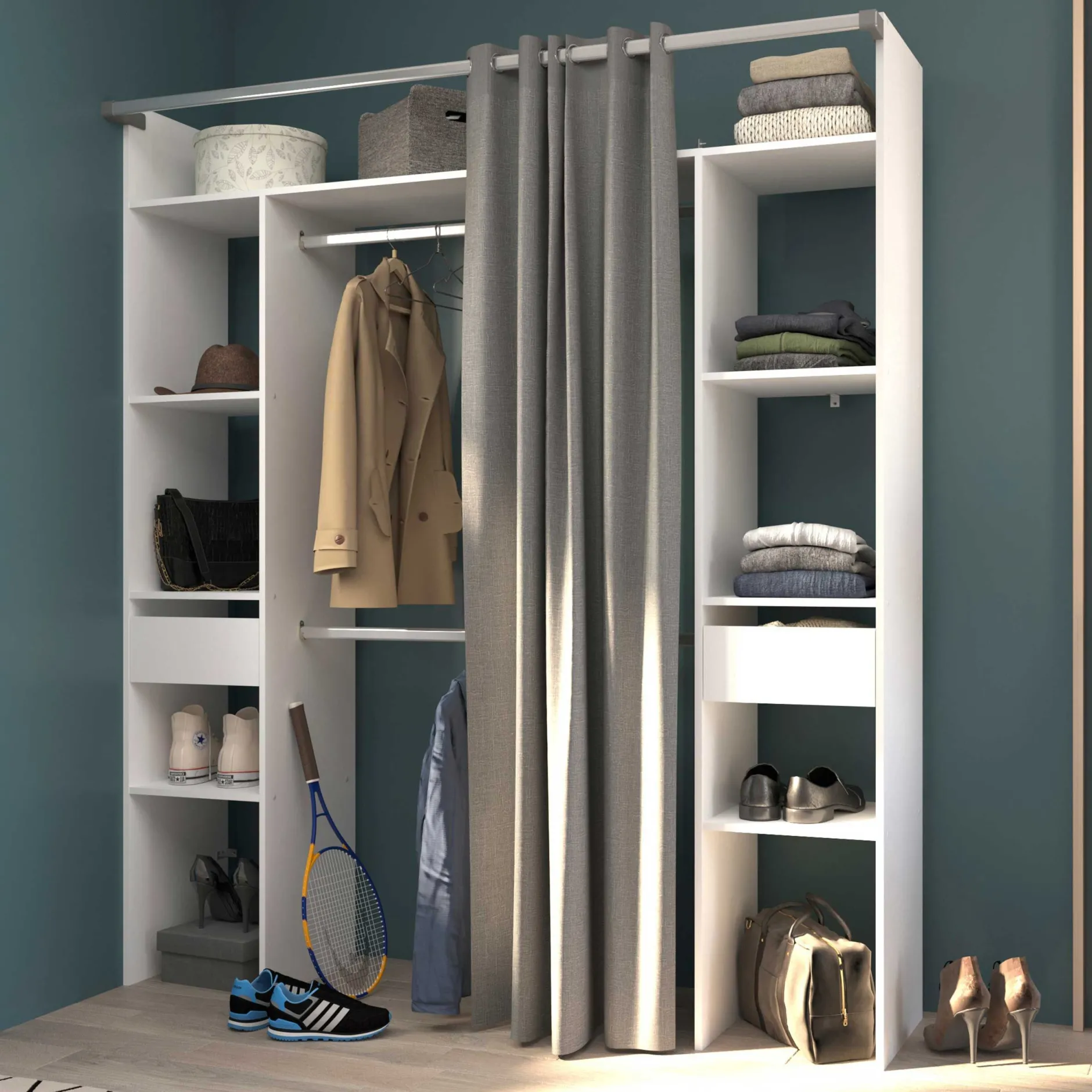 Corrida Offener Kleiderschrank - 176x48x203cm - mit Vorhang - weiß