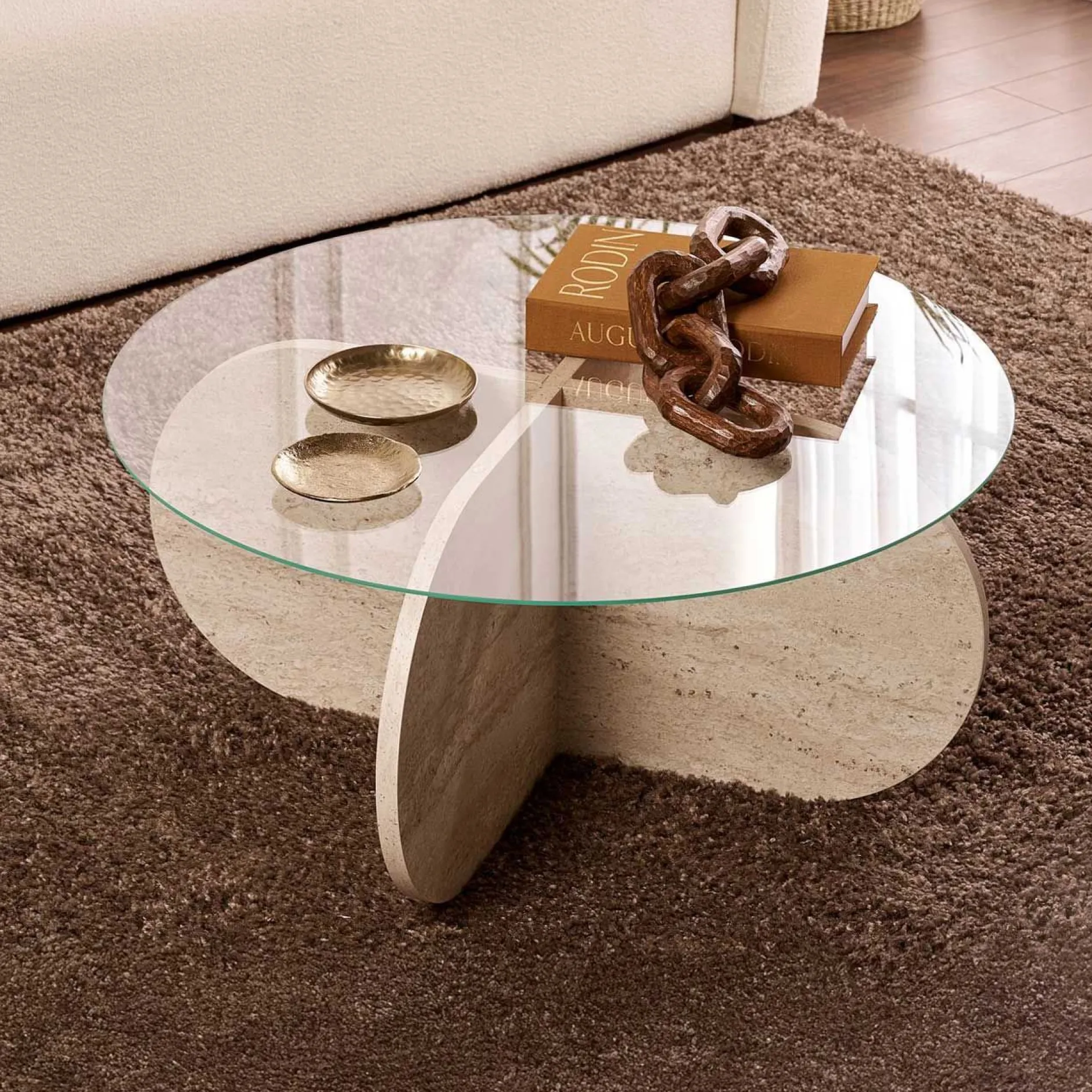 Couchtisch Aeris - 100% TEMPERED GLASS - Travertin - 35 x 75 x 75 cm