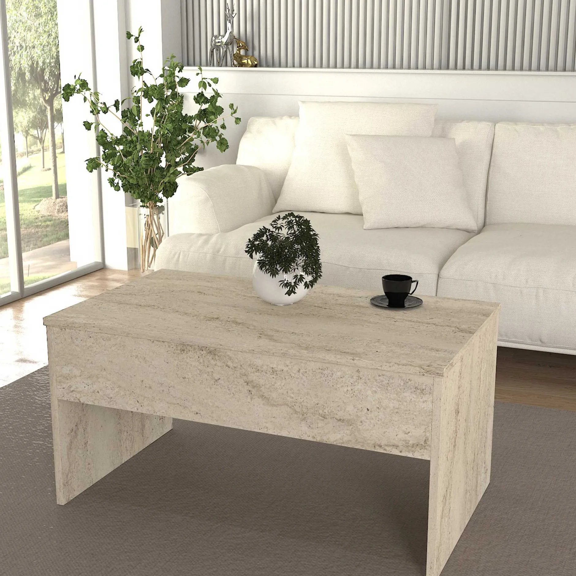 Couchtisch Akilli - 90x52x45cm - mit Ablage - Travertin