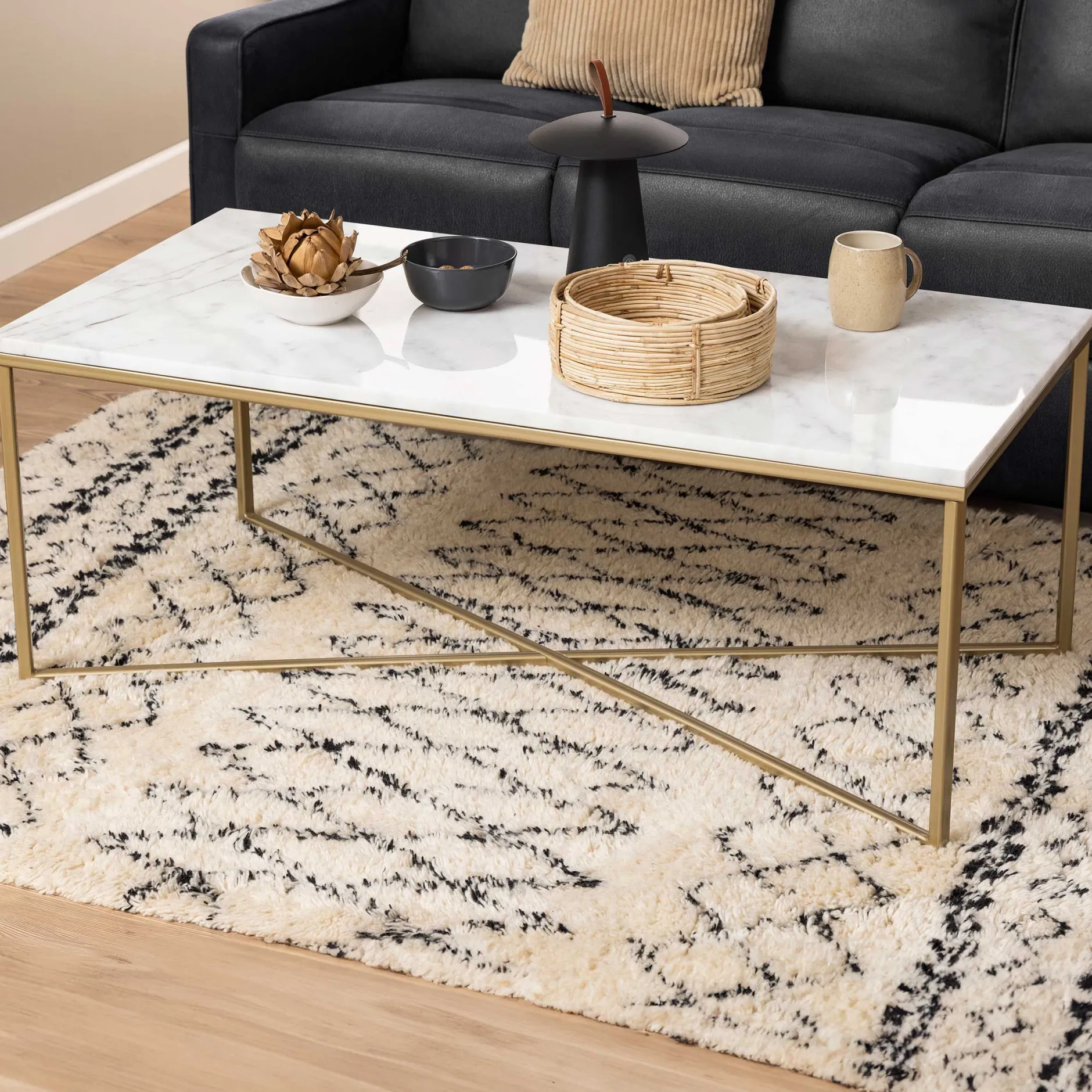 Couchtisch Alisma 120x60cm - weißer Marmor/Gold