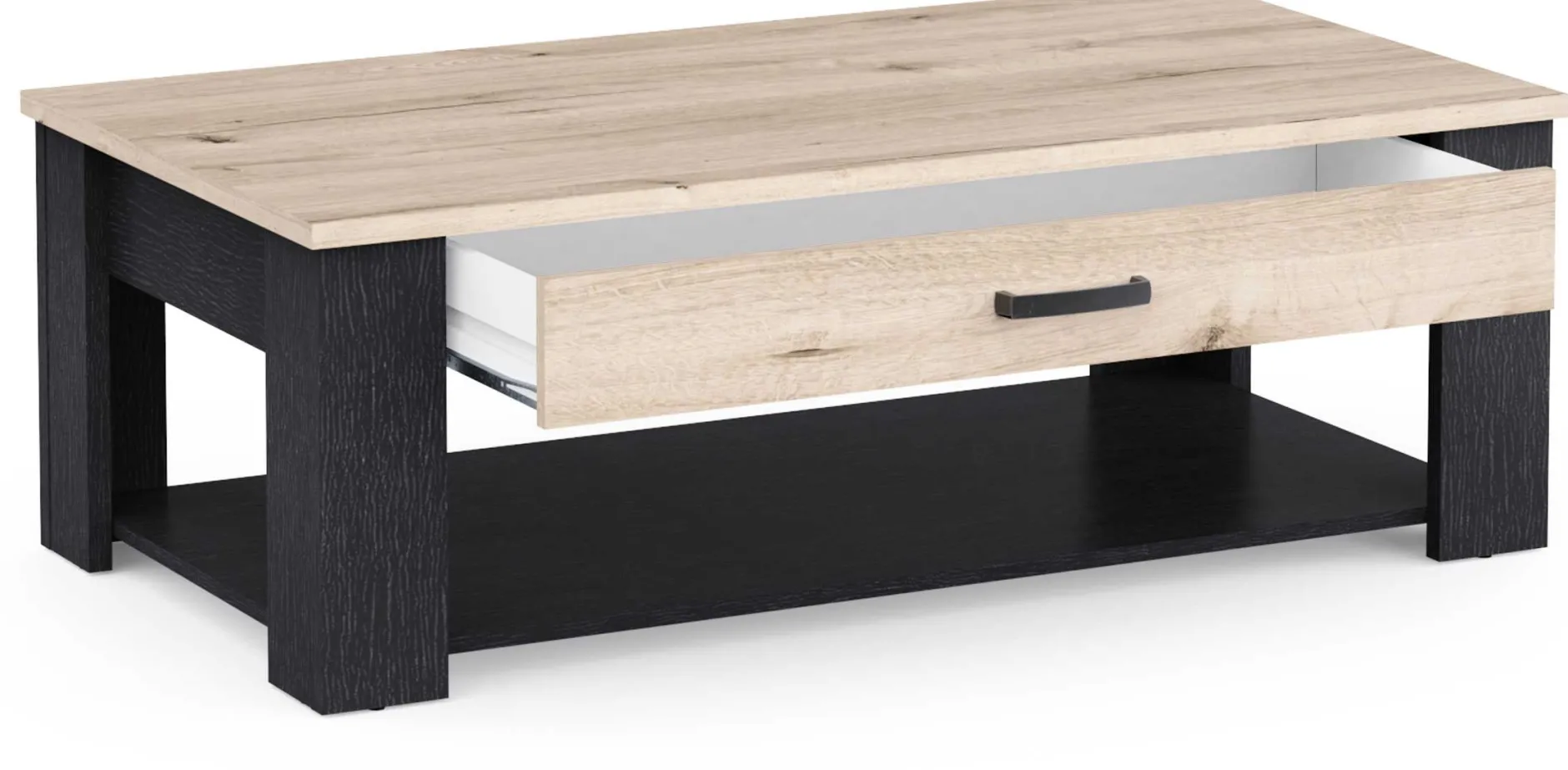 Couchtisch Aubrey - 120x64x41cm - mit Schublade - Eiche Dekor/schwarz