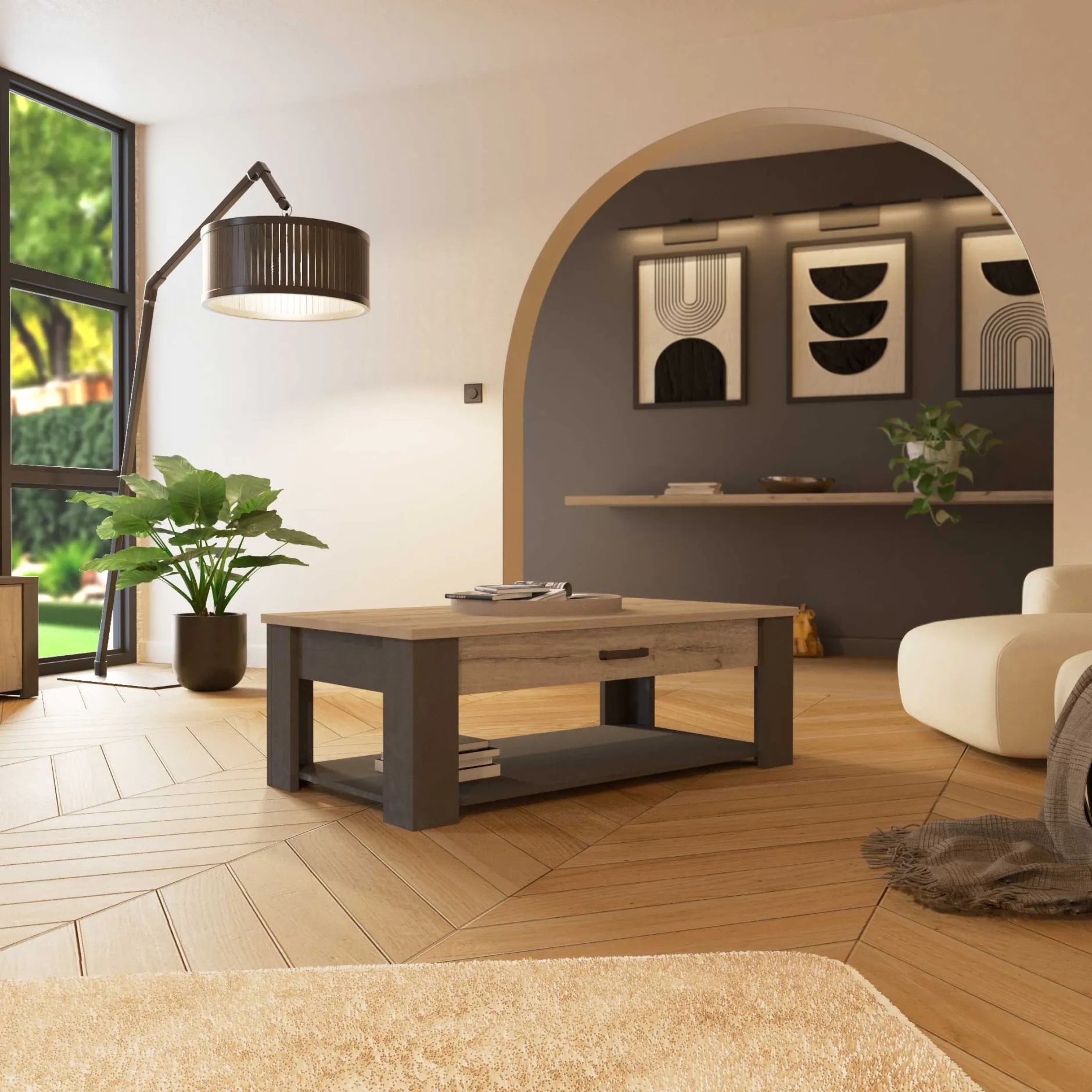 Couchtisch Aubrey - 120x64x41cm - mit Schublade - Eiche Dekor/schwarz