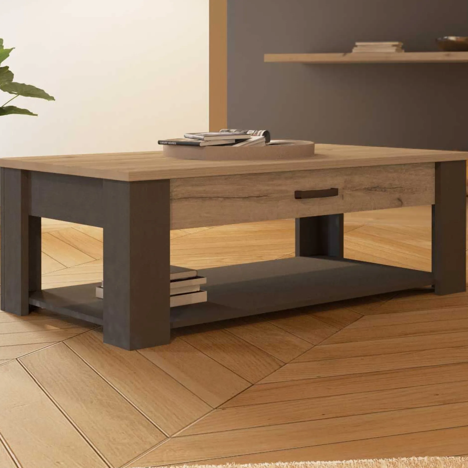 Couchtisch Aubrey - 120x64x41cm - mit Schublade - Eiche Dekor/schwarz