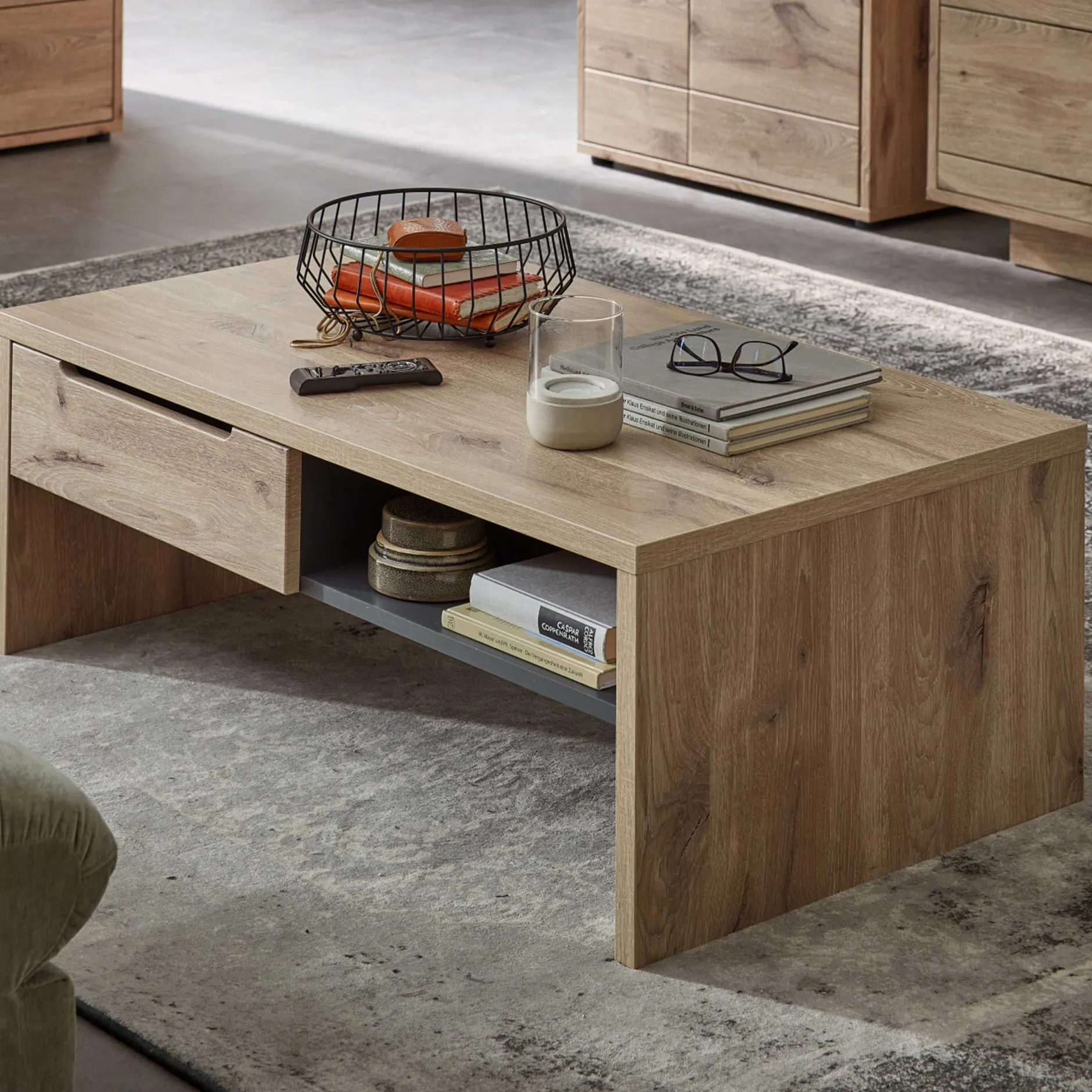 Couchtisch Bellini 110x65cm mit Ablageschublade - Eiche/anthrazit