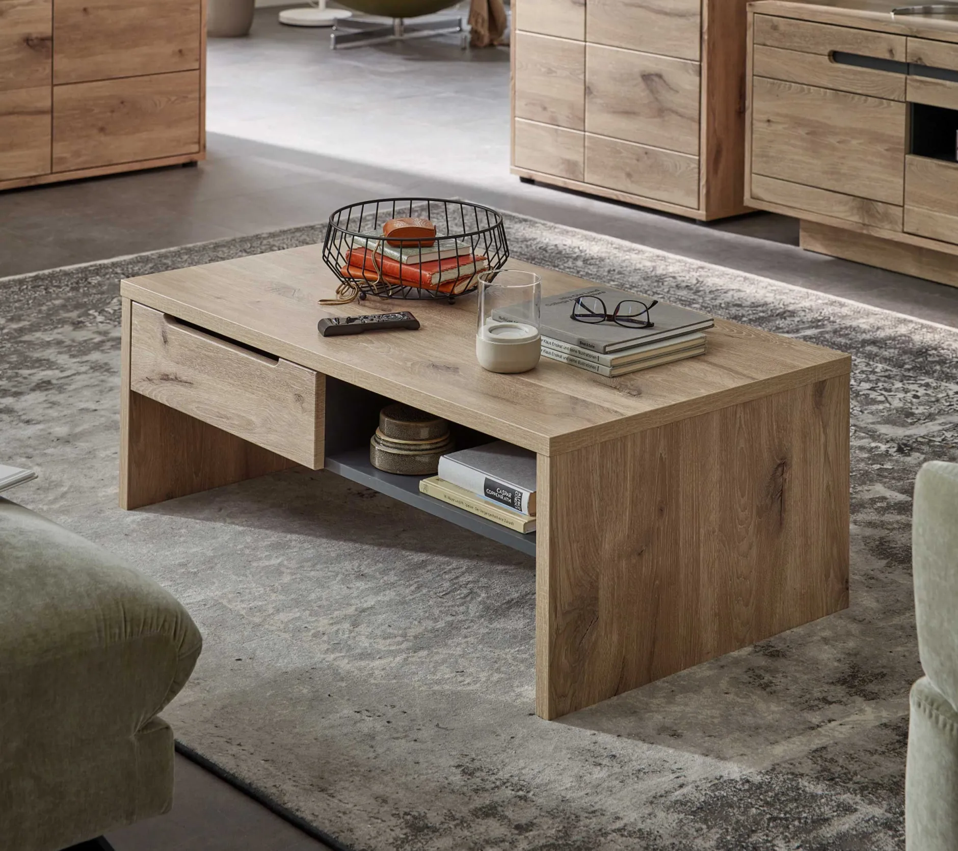 Couchtisch Bellini 110x65cm mit Ablageschublade - Eiche/anthrazit
