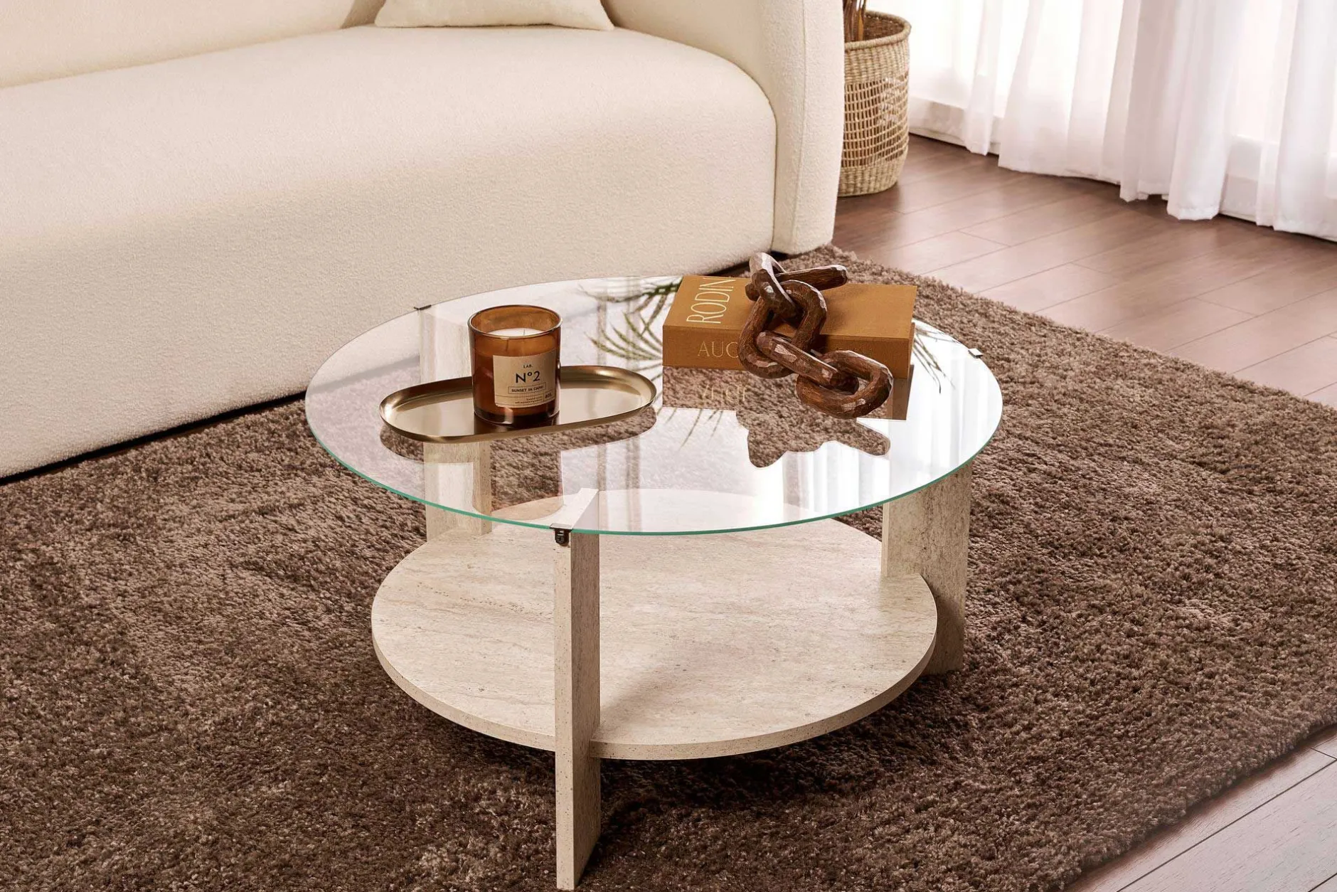 Couchtisch Clara - 100% TEMPERED GLASS - Travertin - 40 x 75 x 75 cm