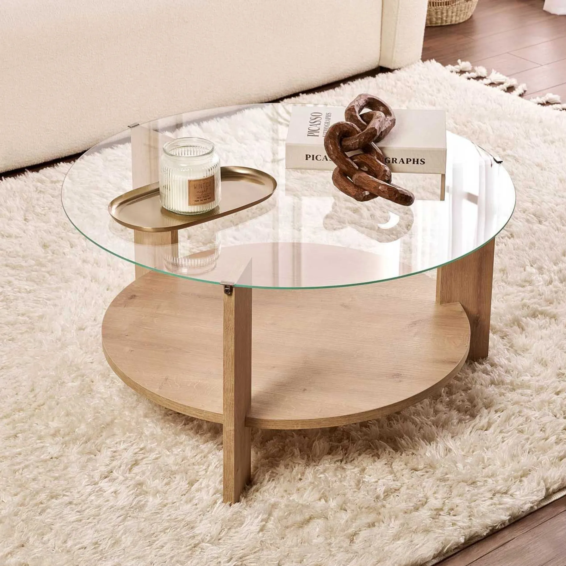 Couchtisch Clara - 100% TEMPERED GLASS - Saphireiche - 40 x 75 x 75 cm