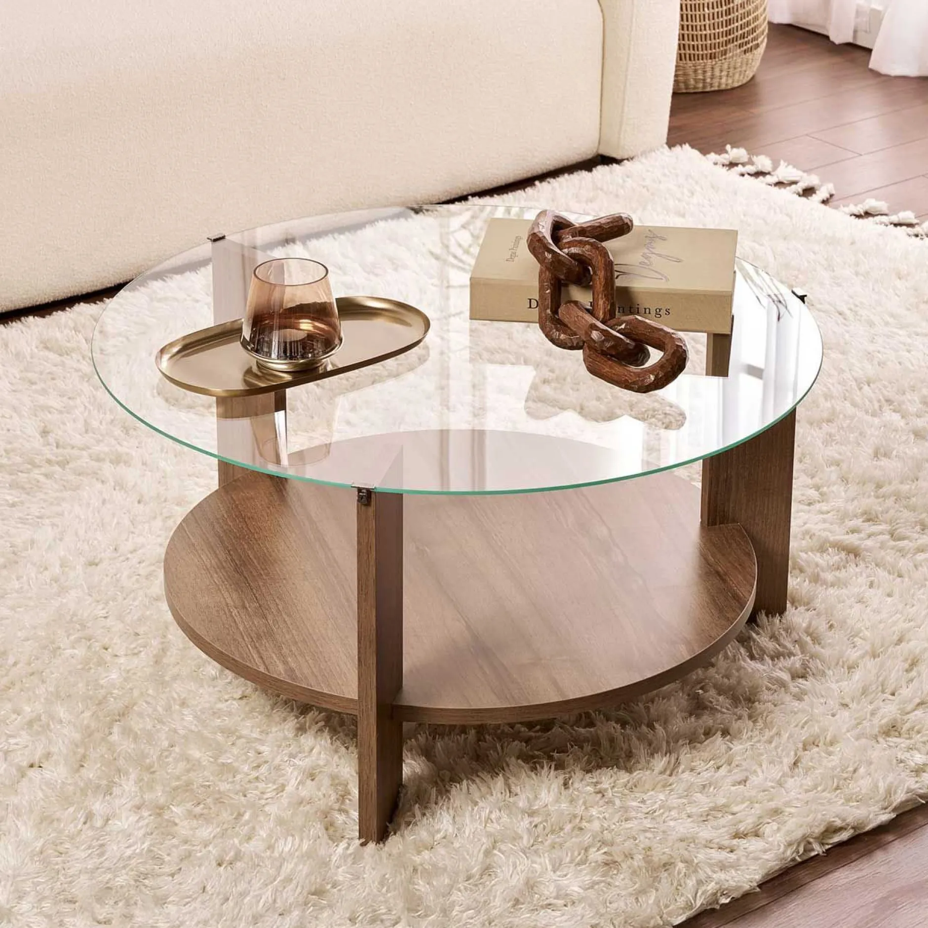 Couchtisch Clara - 100% TEMPERED GLASS - Walnuss - 40 x 75 x 75 cm