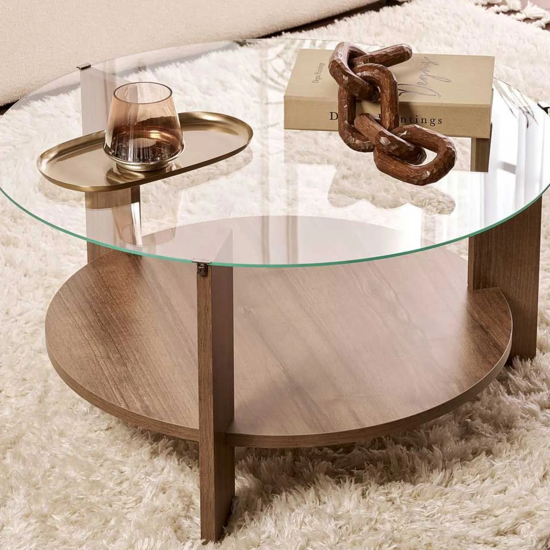 Couchtisch Clara - 100% TEMPERED GLASS - Walnuss - 40 x 75 x 75 cm
