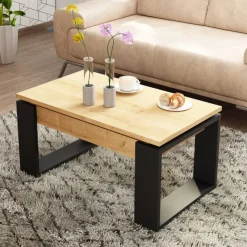 Couchtisch Cosmit 90x52 cm mir ausziehbarer Tischplatte - beige/ schwarz