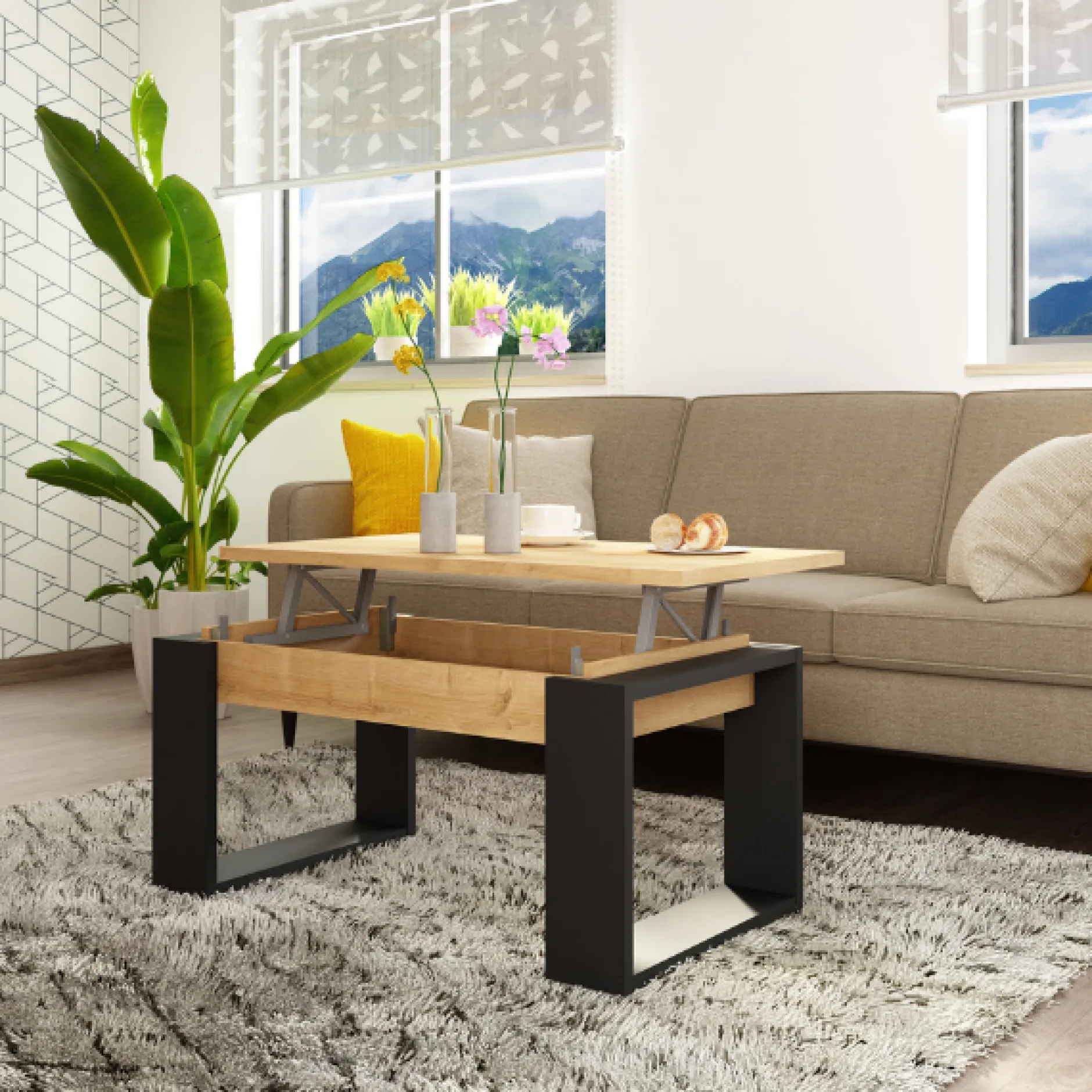 Couchtisch Cosmit 90x52 cm mir ausziehbarer Tischplatte - beige/ schwarz