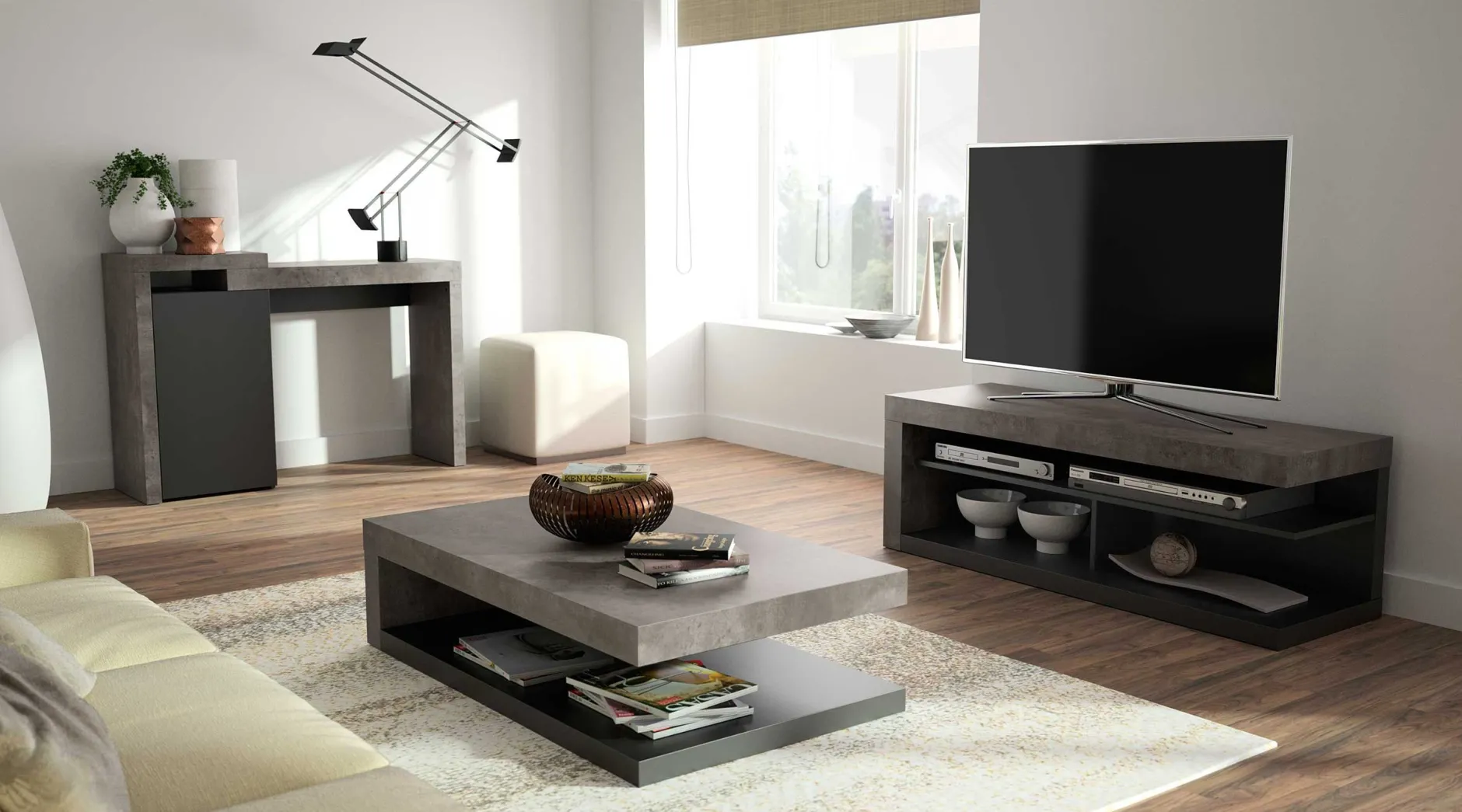 Couchtisch Delta mit Stauraum - Betonoptik