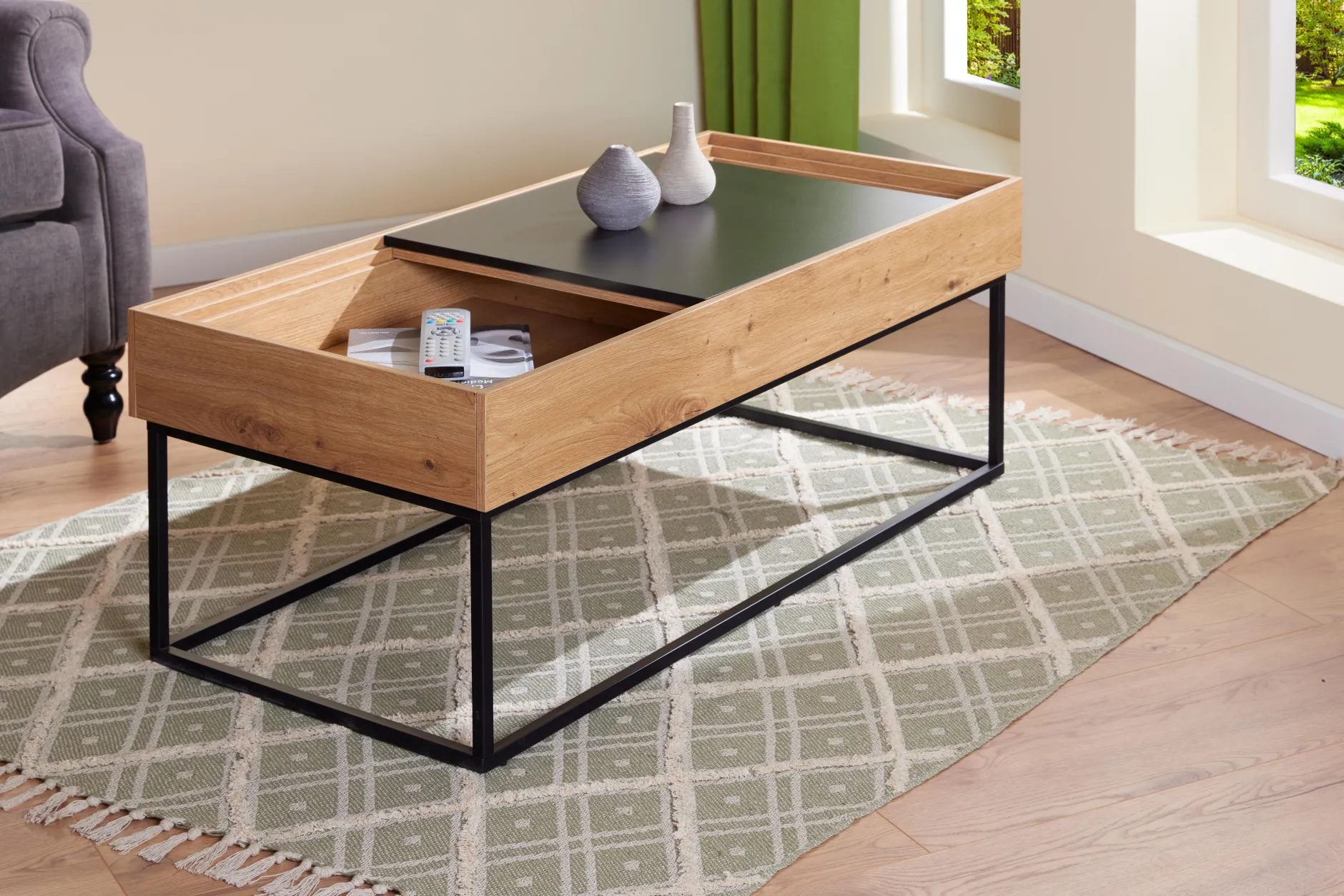 Couchtisch Filora | 110 x 50 x 40 cm | 2 Ablagefächer | Farbe: Eiche