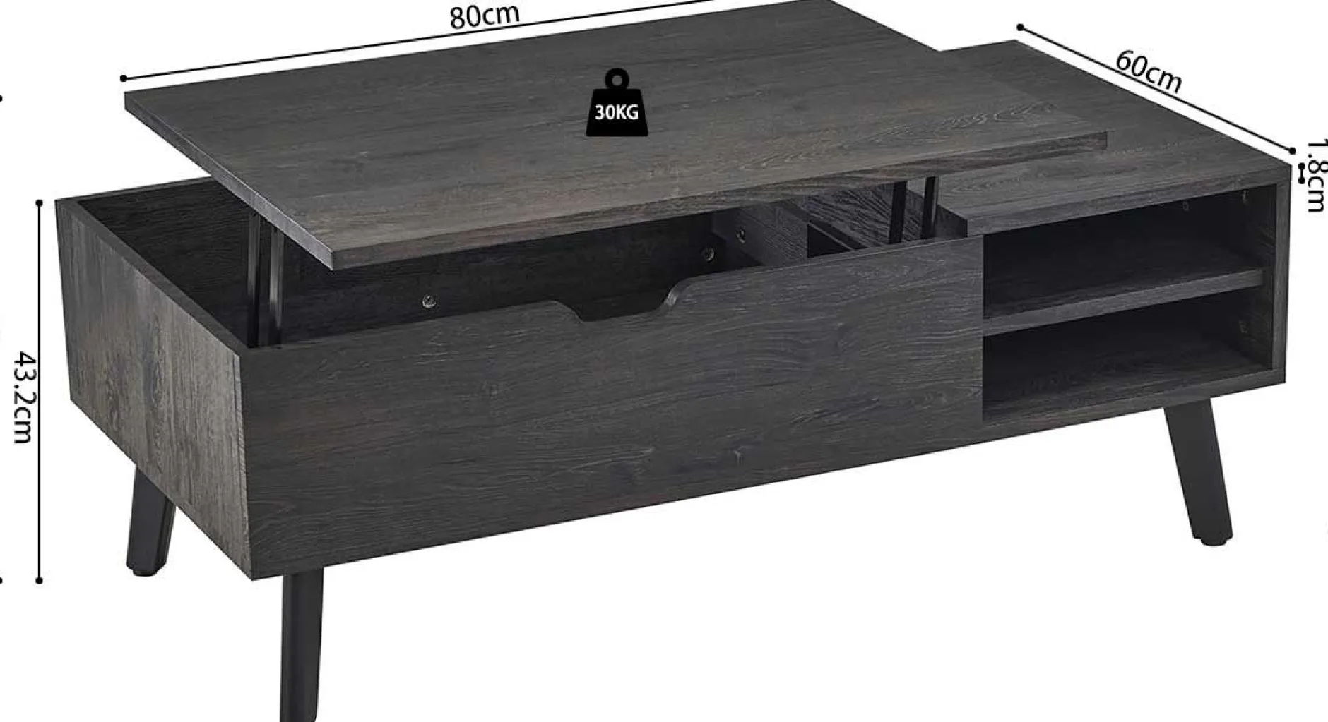 Couchtisch Justine - 120x60x45cm - verstellbar - mit Ablage - dunkelbraun