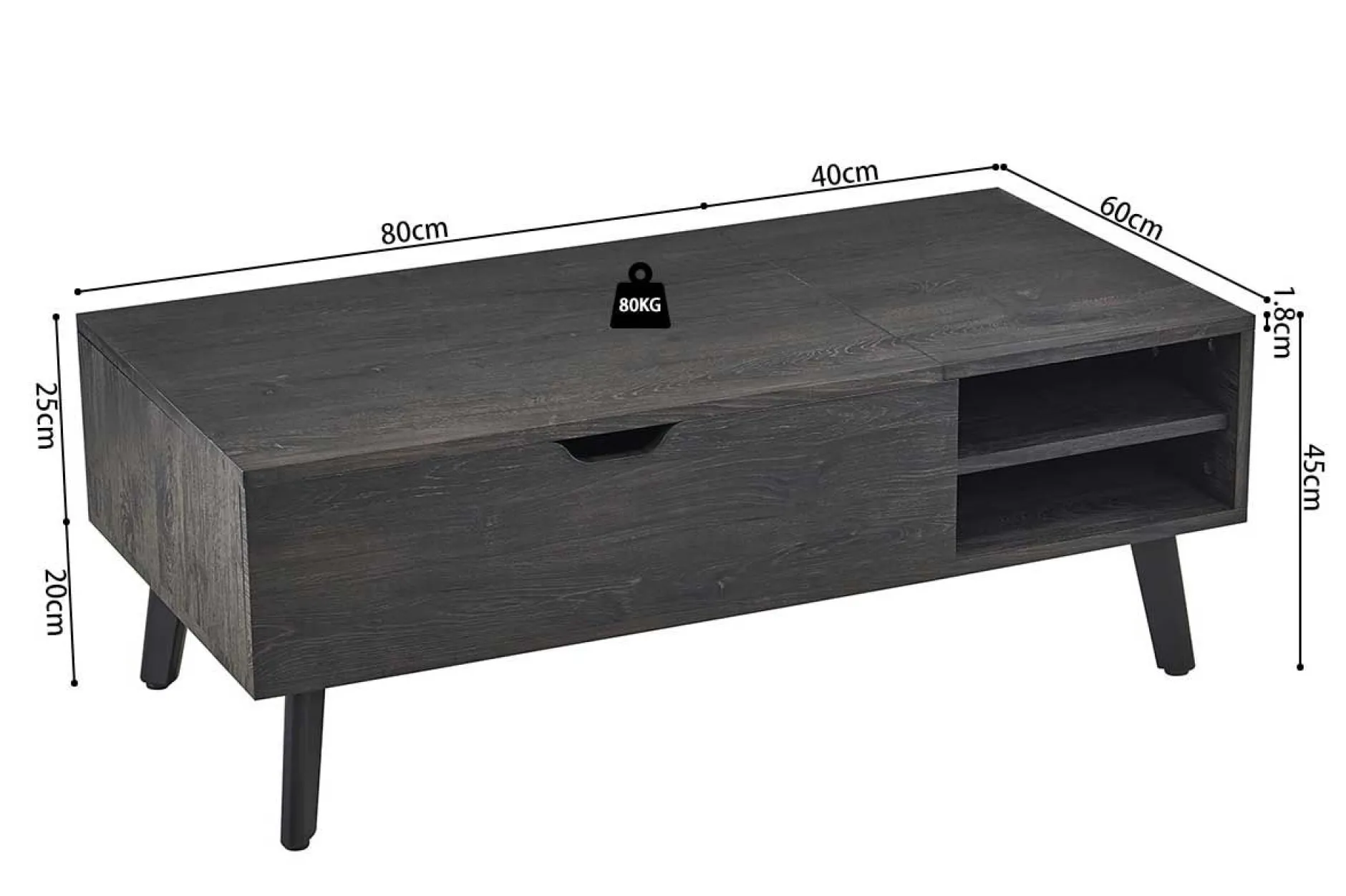 Couchtisch Justine - 120x60x45cm - verstellbar - mit Ablage - dunkelbraun