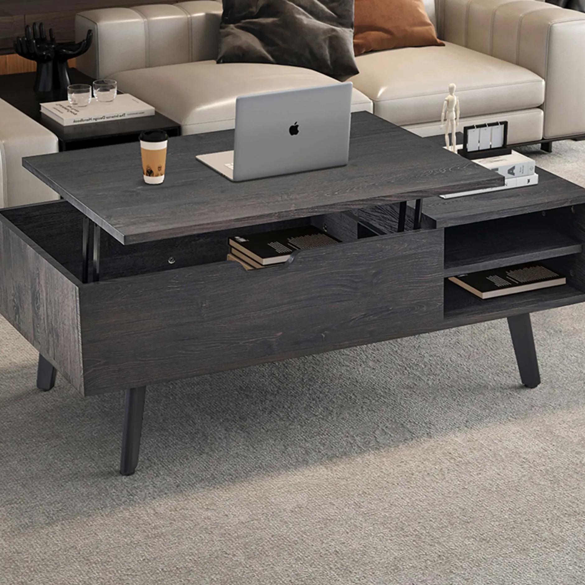 Couchtisch Justine - 120x60x45cm - verstellbar - mit Ablage - dunkelbraun