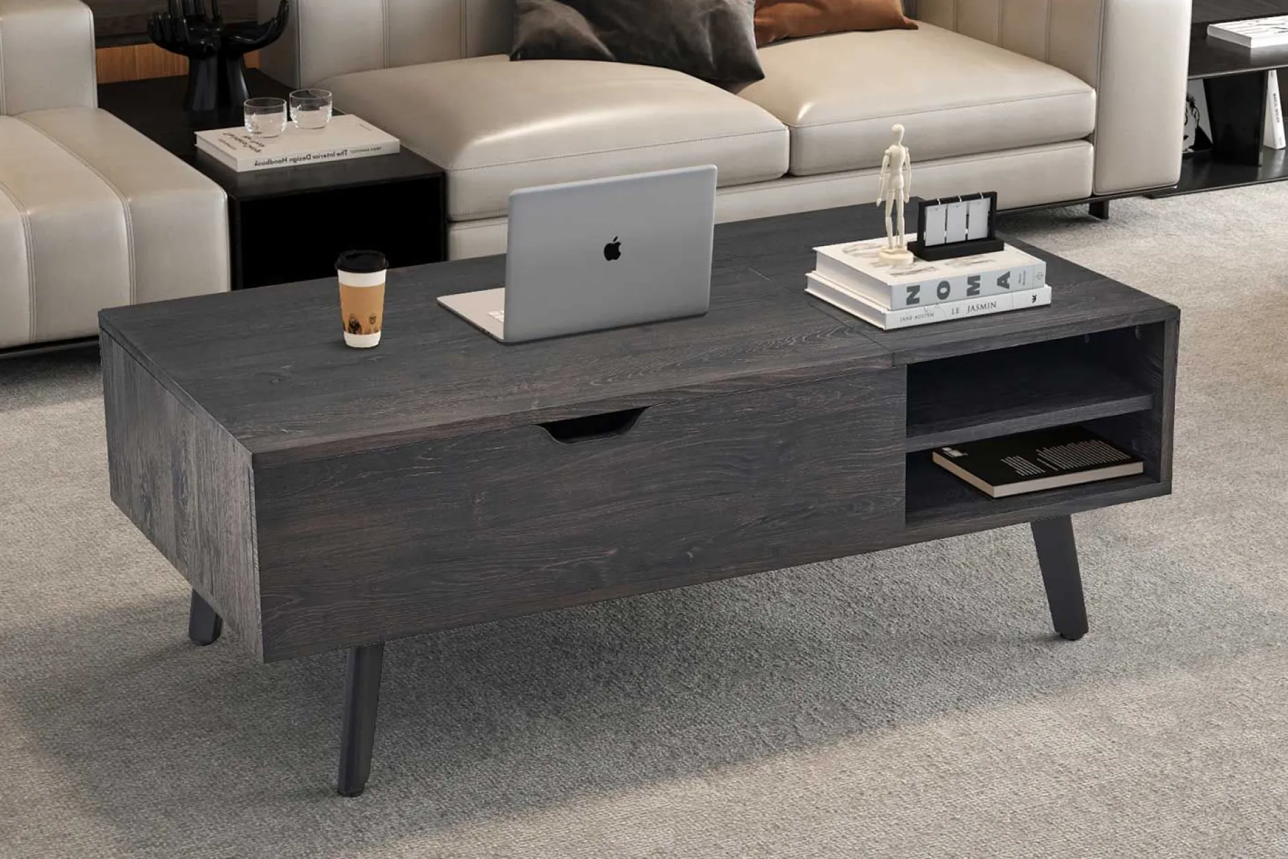Couchtisch Justine - 120x60x45cm - verstellbar - mit Ablage - dunkelbraun
