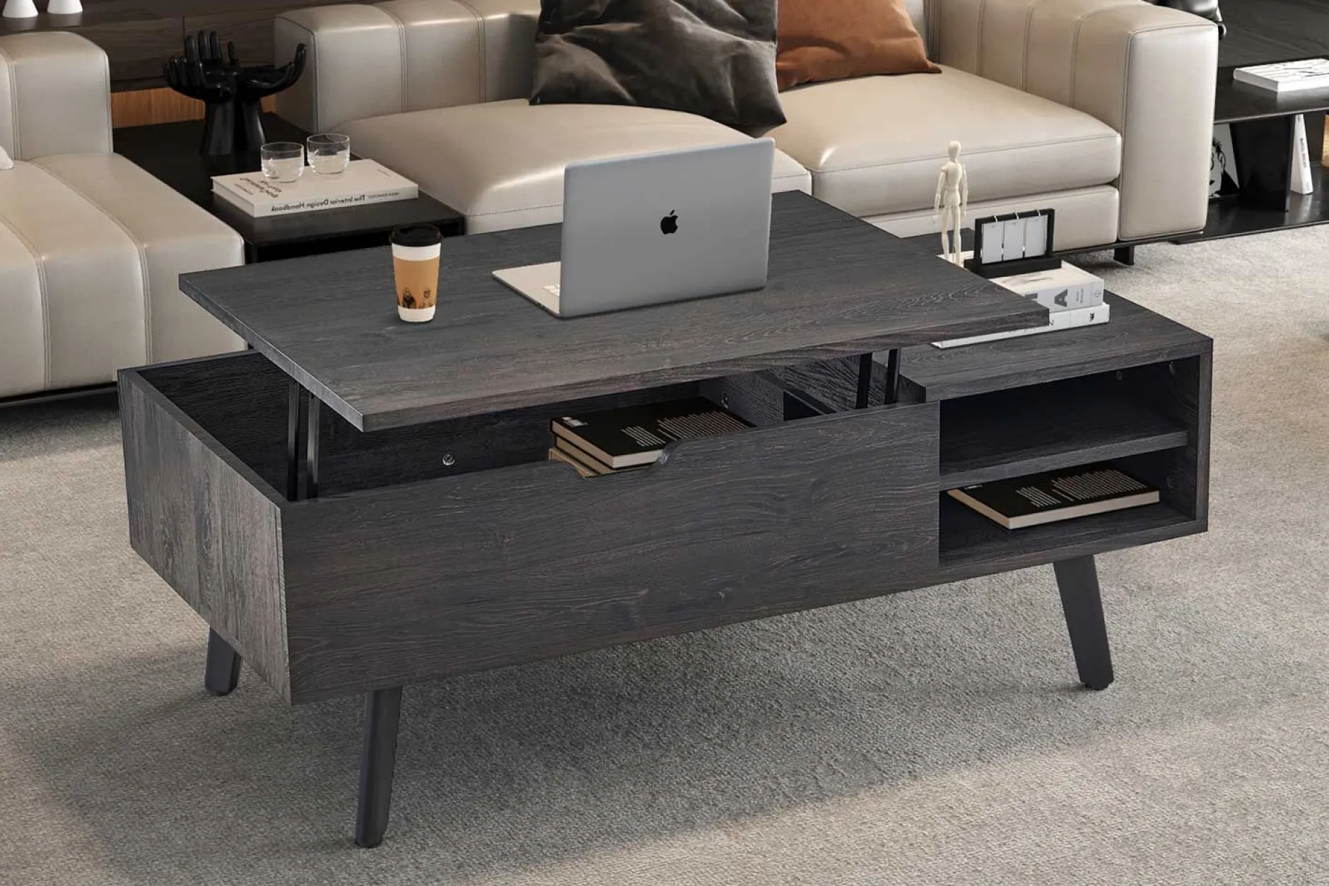 Couchtisch Justine - 120x60x45cm - verstellbar - mit Ablage - dunkelbraun