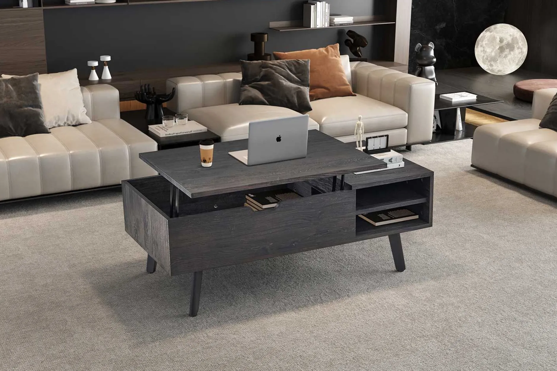 Couchtisch Justine - 120x60x45cm - verstellbar - mit Ablage - dunkelbraun