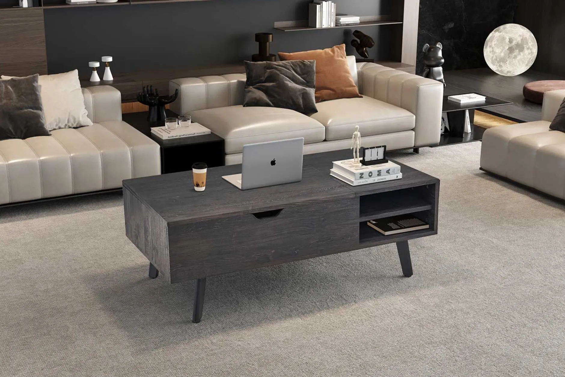 Couchtisch Justine - 120x60x45cm - verstellbar - mit Ablage - dunkelbraun