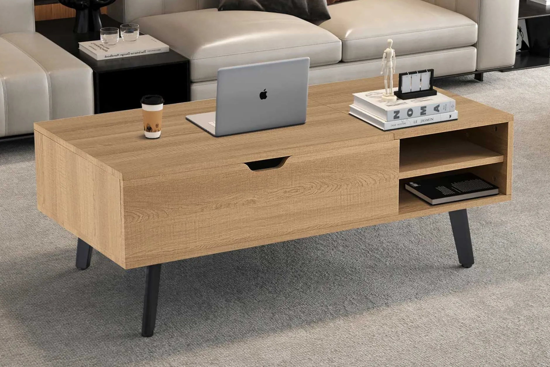 Couchtisch Justine - 120x60x45cm - verstellbar - mit Ablage - Eiche Dekor