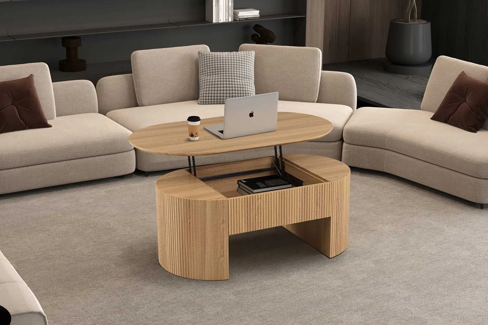Couchtisch Lagos - 120x70x45cm - verstellbar - mit Ablage - Eiche Dekor