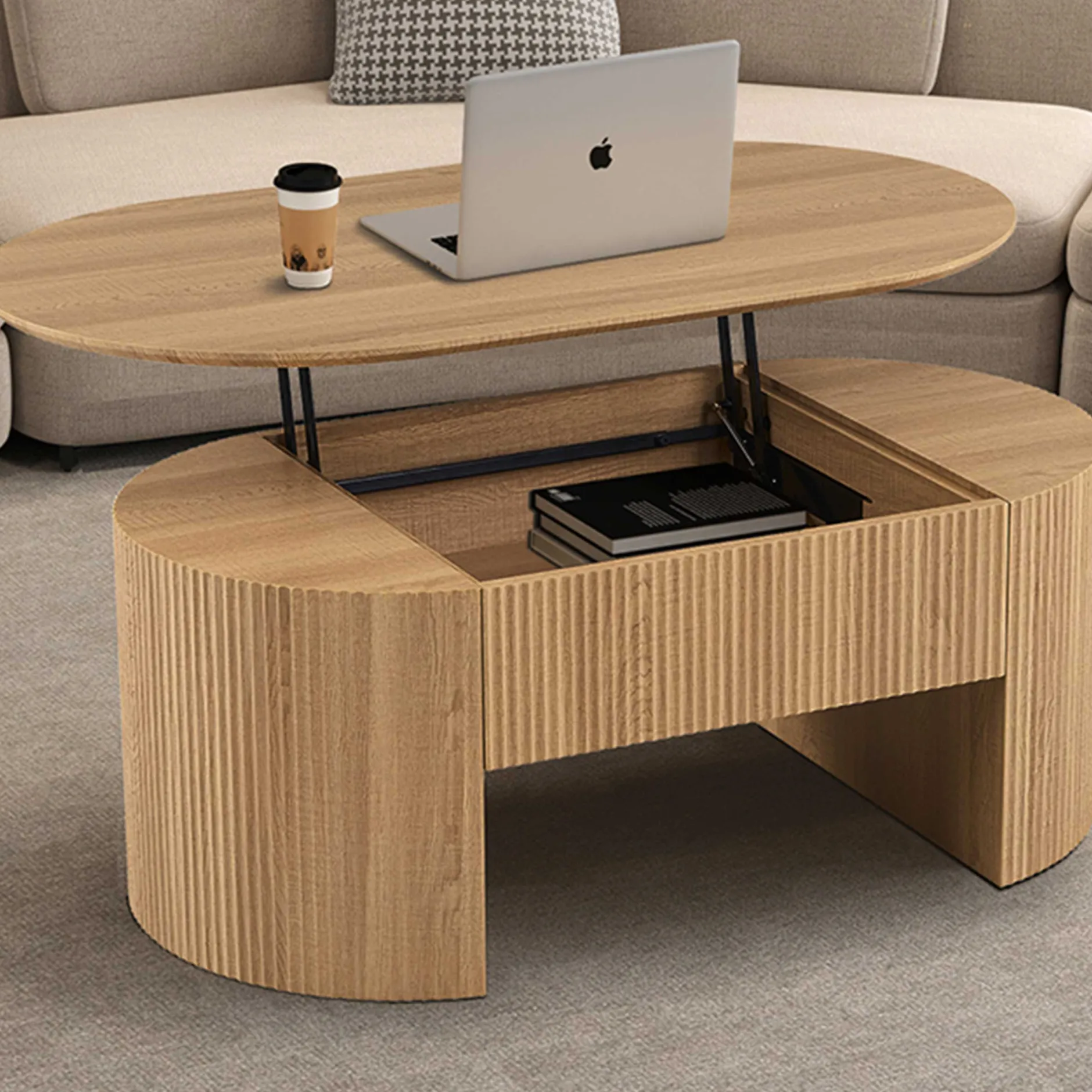 Couchtisch Lagos - 120x70x45cm - verstellbar - mit Ablage - Eiche Dekor