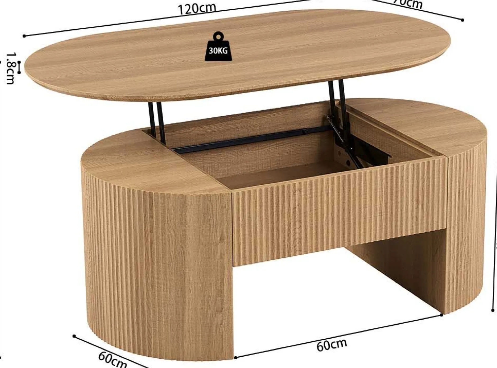 Couchtisch Lagos - 120x70x45cm - verstellbar - mit Ablage - Eiche Dekor