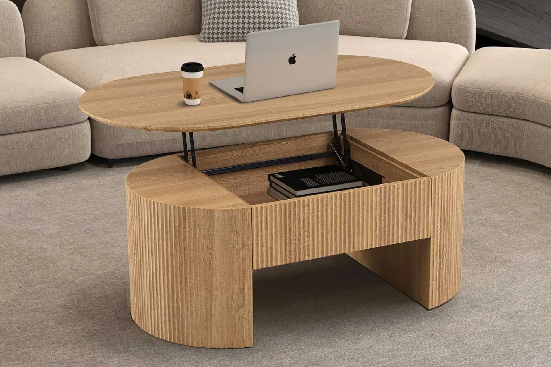 Couchtisch Lagos - 120x70x45cm - verstellbar - mit Ablage - Eiche Dekor