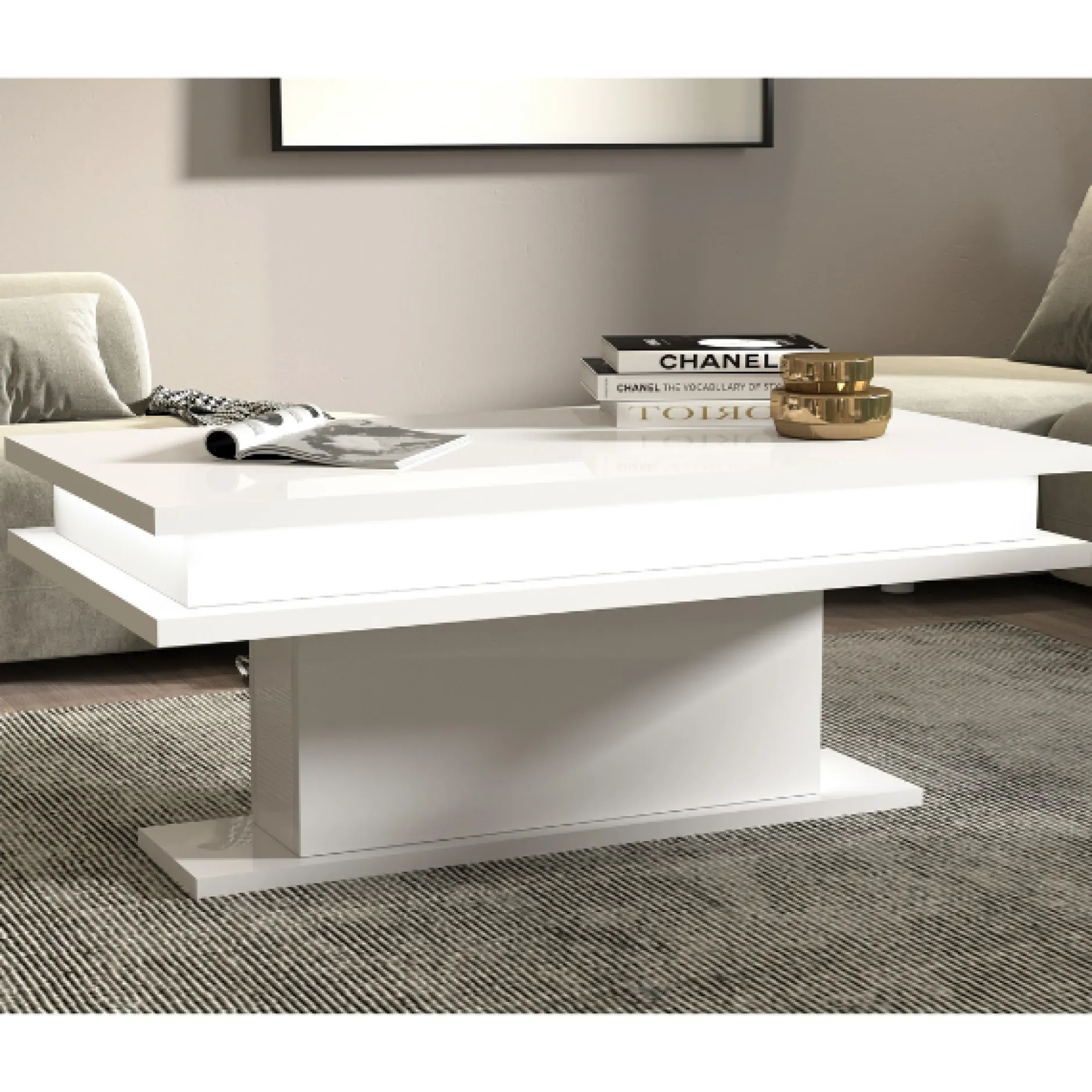 Couchtisch Little Big | Inklusive Beleuchtung | 100 x 55 x 42 cm | High Gloss White