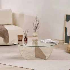 Couchtisch Liya - 100% TEMPERED GLASS - Travertin - 30 x 90 x 90 cm