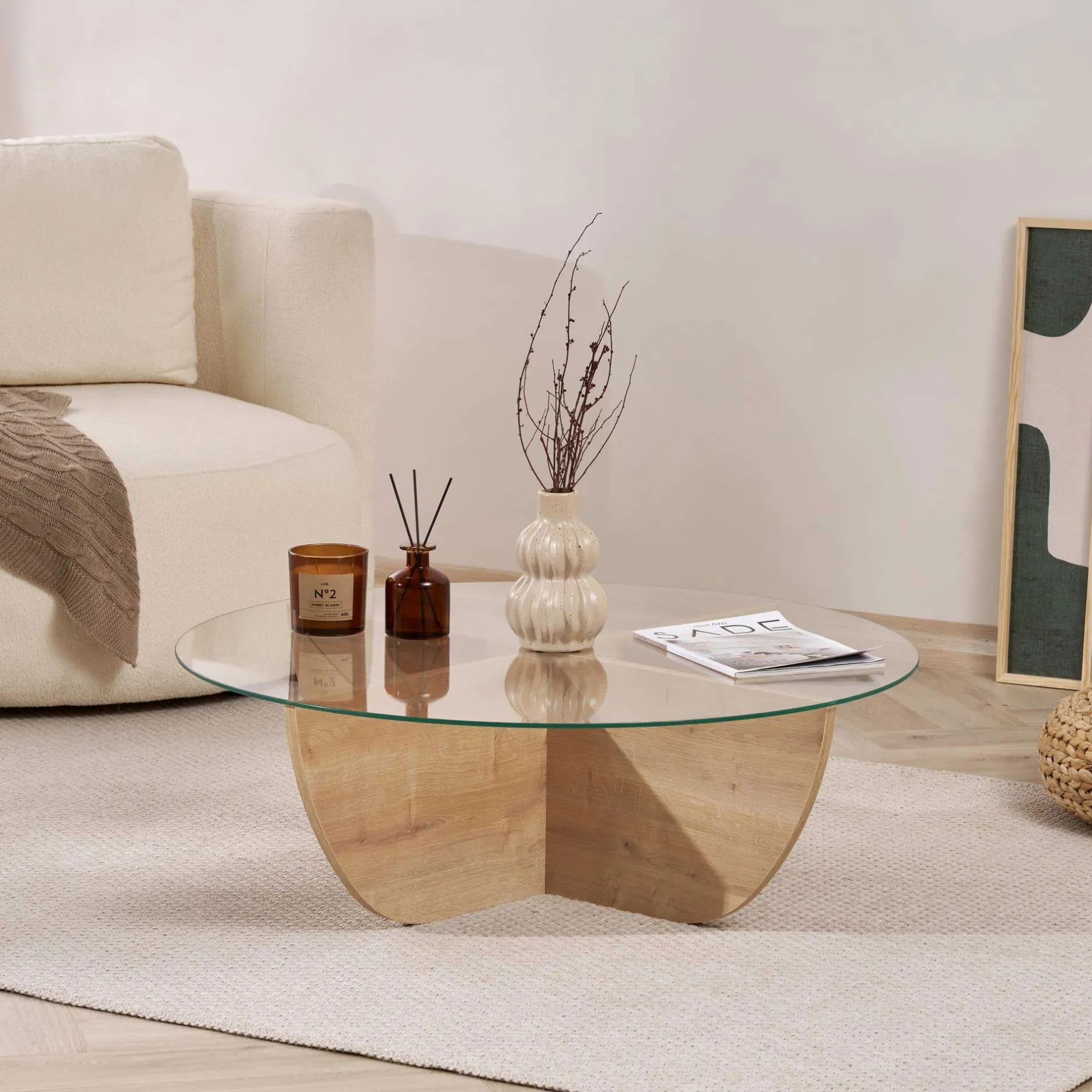 Couchtisch Liya - 100% TEMPERED GLASS - Saphireiche - 30 x 90 x 90 cm