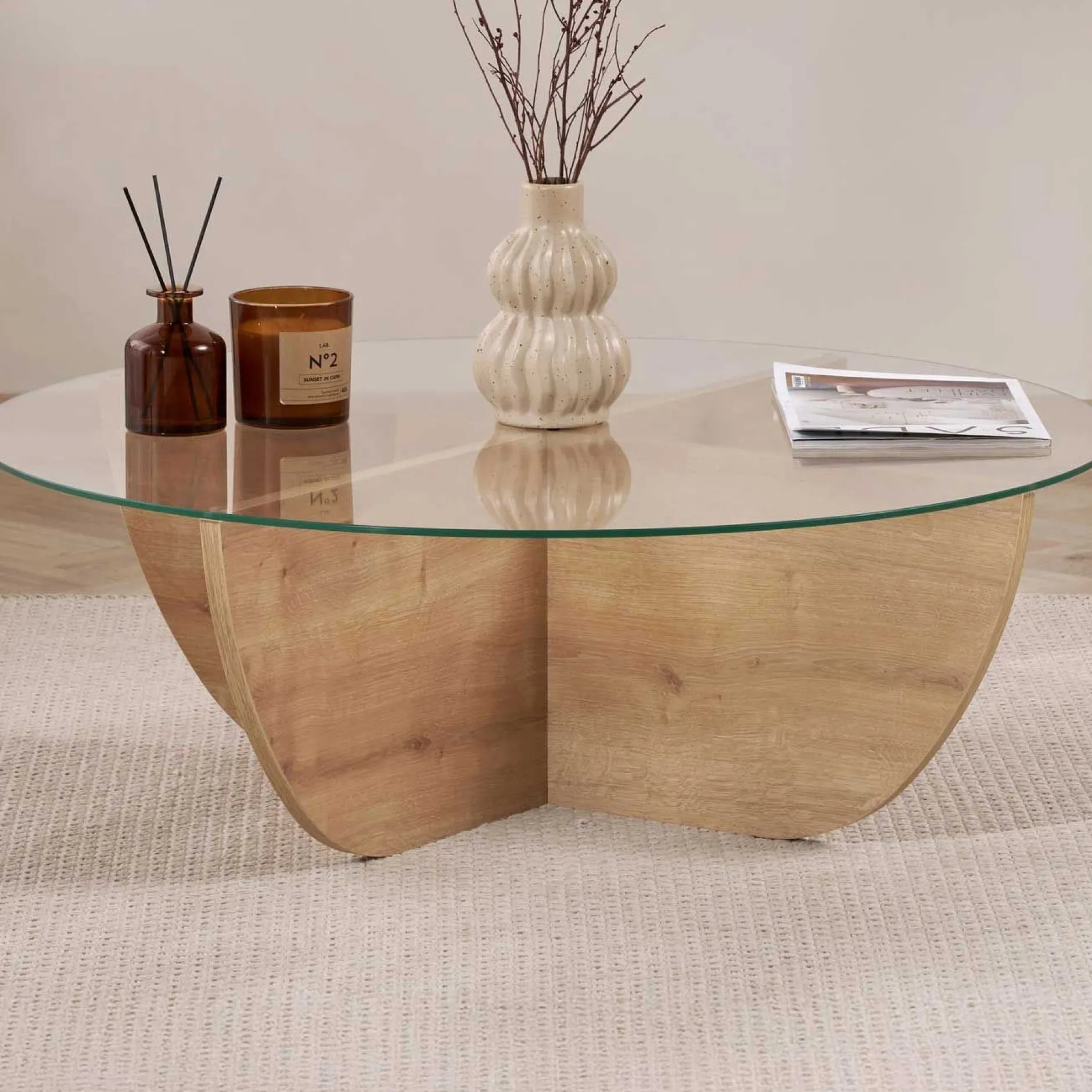 Couchtisch Liya - 100% TEMPERED GLASS - Saphireiche - 30 x 90 x 90 cm