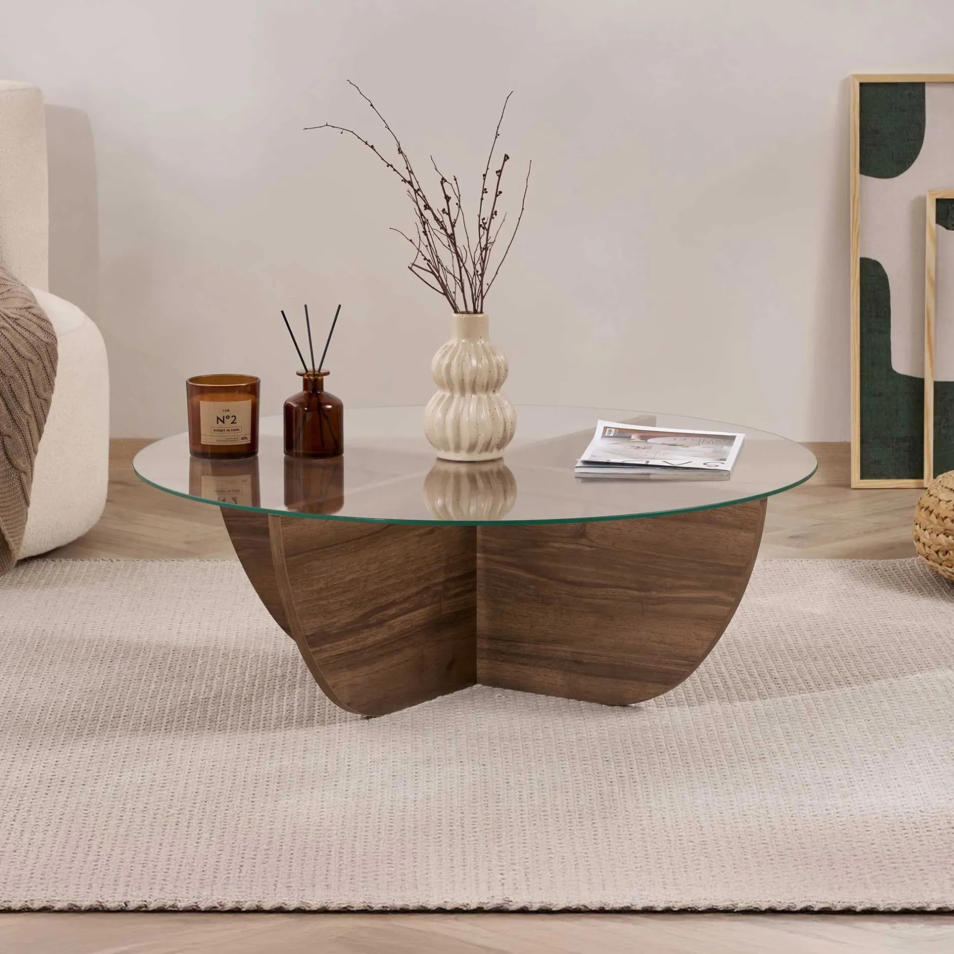 Couchtisch Liya - 100% TEMPERED GLASS - Walnuss - 30 x 90 x 90 cm