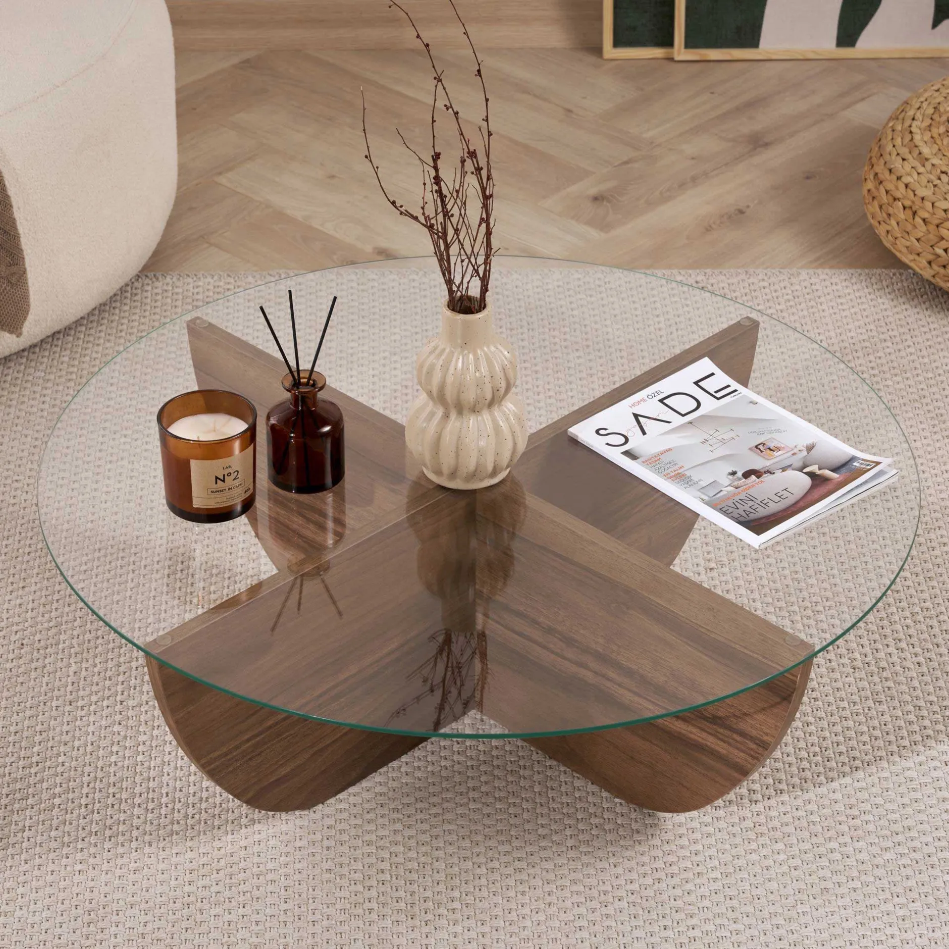 Couchtisch Liya - 100% TEMPERED GLASS - Walnuss - 30 x 90 x 90 cm