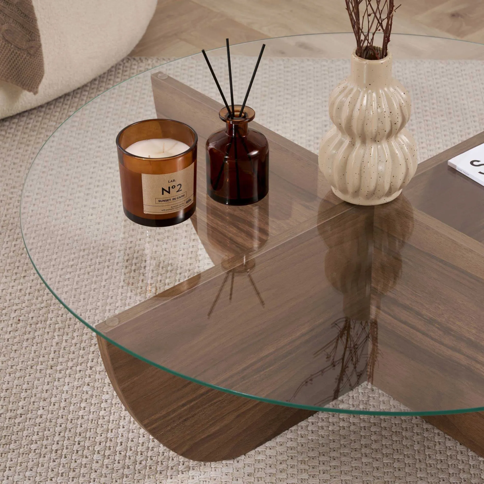 Couchtisch Liya - 100% TEMPERED GLASS - Walnuss - 30 x 90 x 90 cm