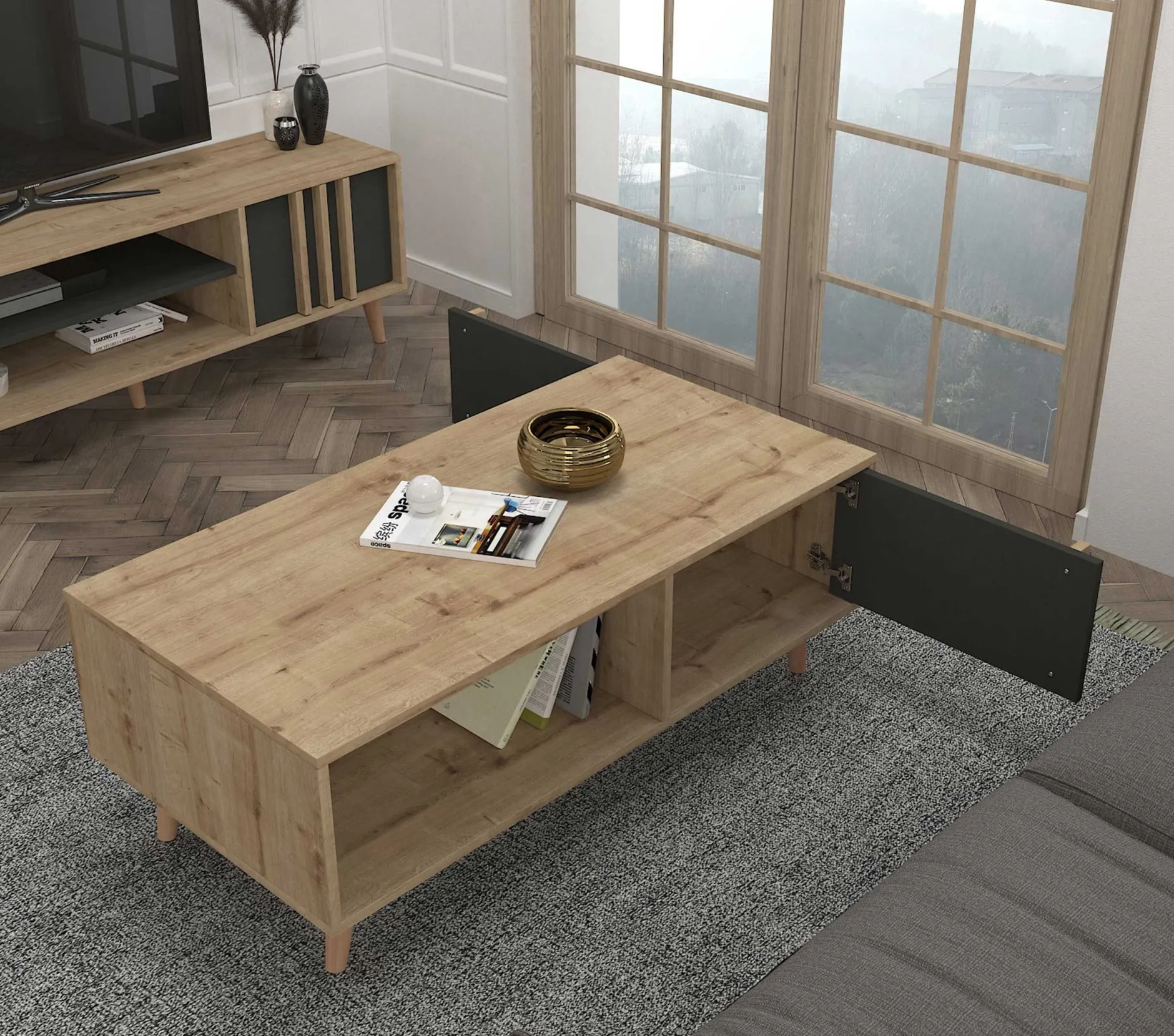 Couchtisch Malmo - 120x60x45cm - mit Ablage - Eiche Dekor/anthrazit