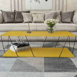Couchtisch | 100% Melaminbeschichtung | Metallgestell | 120x30x50 cm | Gelb Schwarz