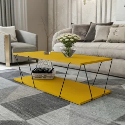 Couchtisch | 100% Melaminbeschichtung | Metallgestell | 120x30x50 cm | Gelb Schwarz
