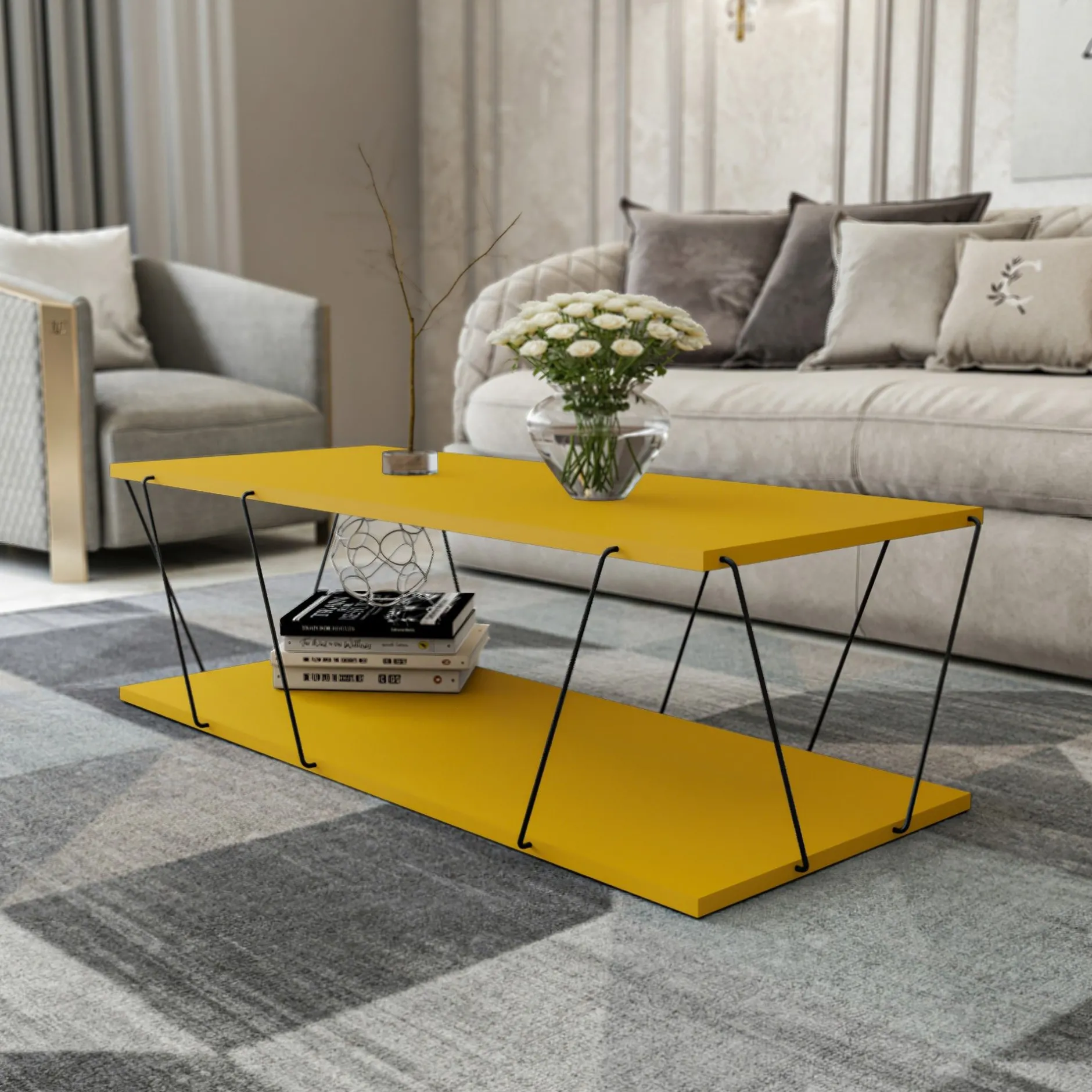 Couchtisch | 100% Melaminbeschichtung | Metallgestell | 120x30x50 cm | Gelb Schwarz
