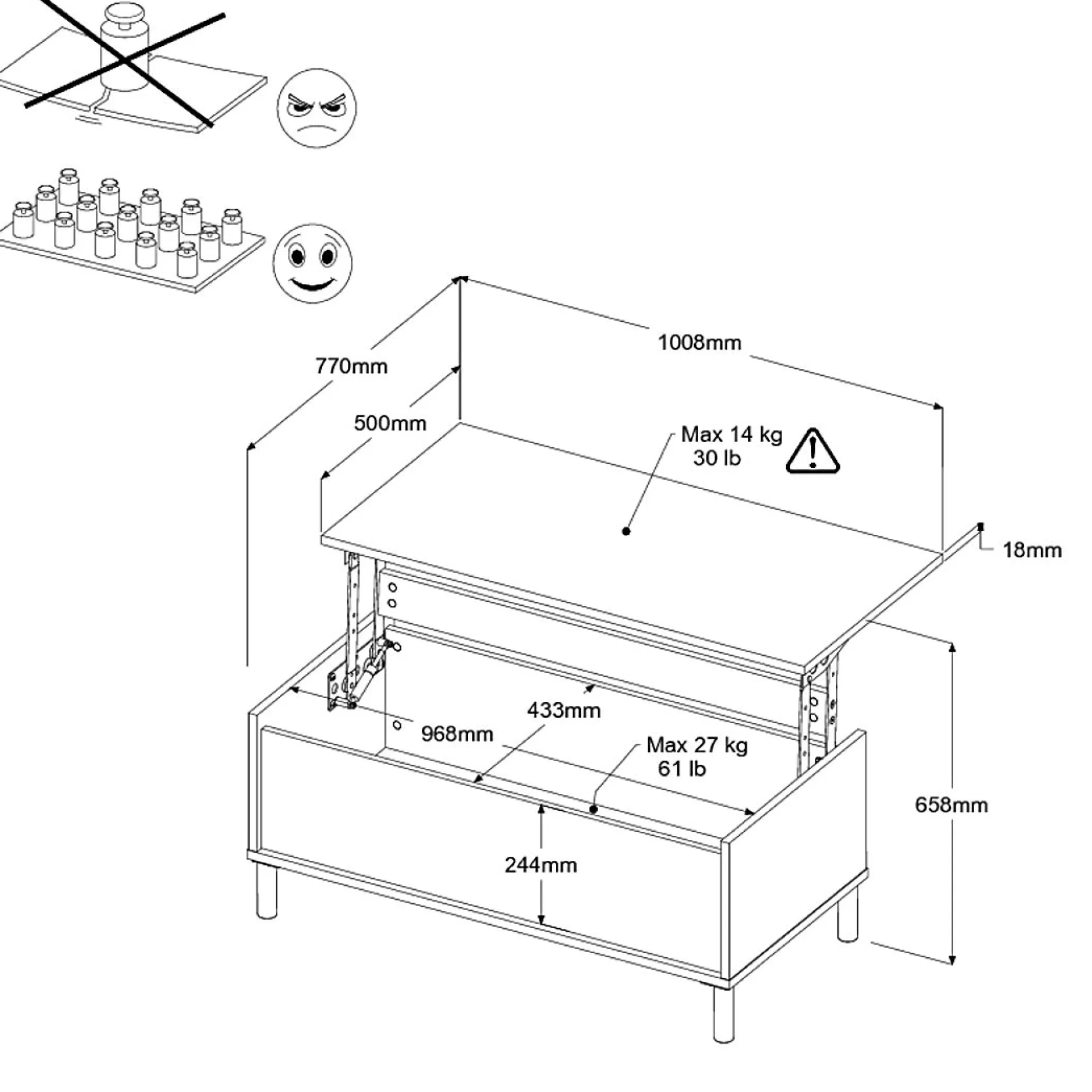 Couchtisch Morpheus - 100x50x44-65cm - mit Ablage - Eiche Dekor/Weiß