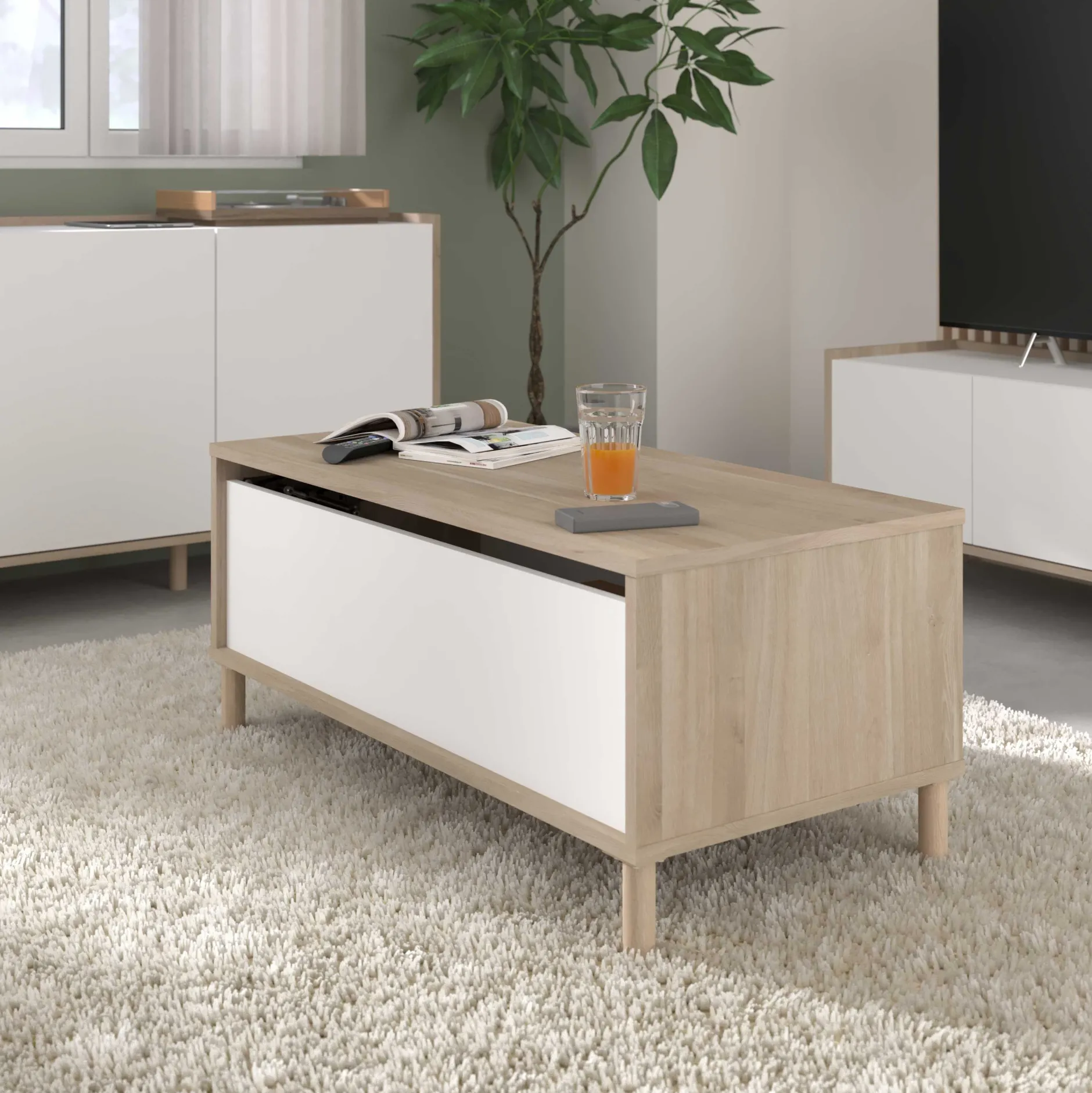 Couchtisch Morpheus - 100x50x44-65cm - mit Ablage - Eiche Dekor/Weiß