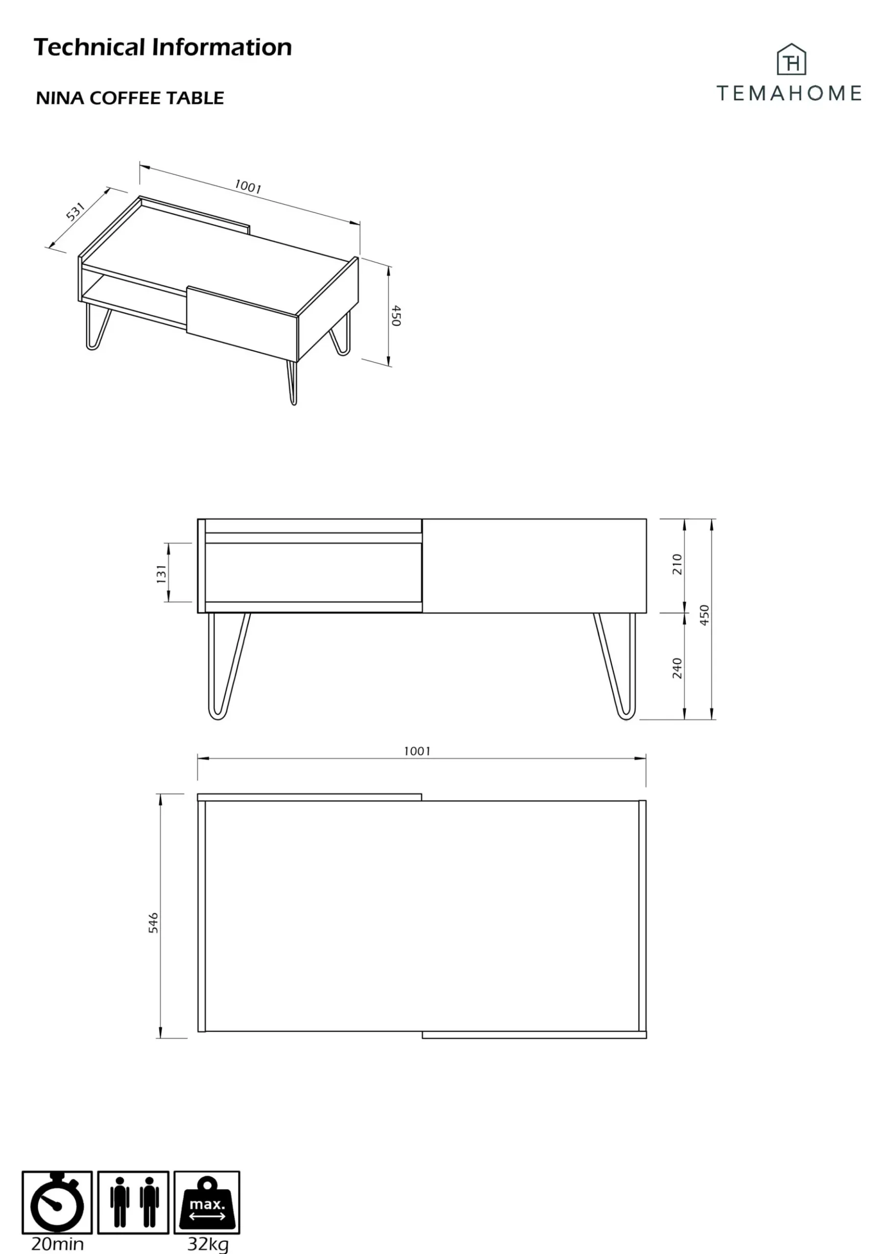 Couchtisch Nina 110cm - Eiche/Weiß