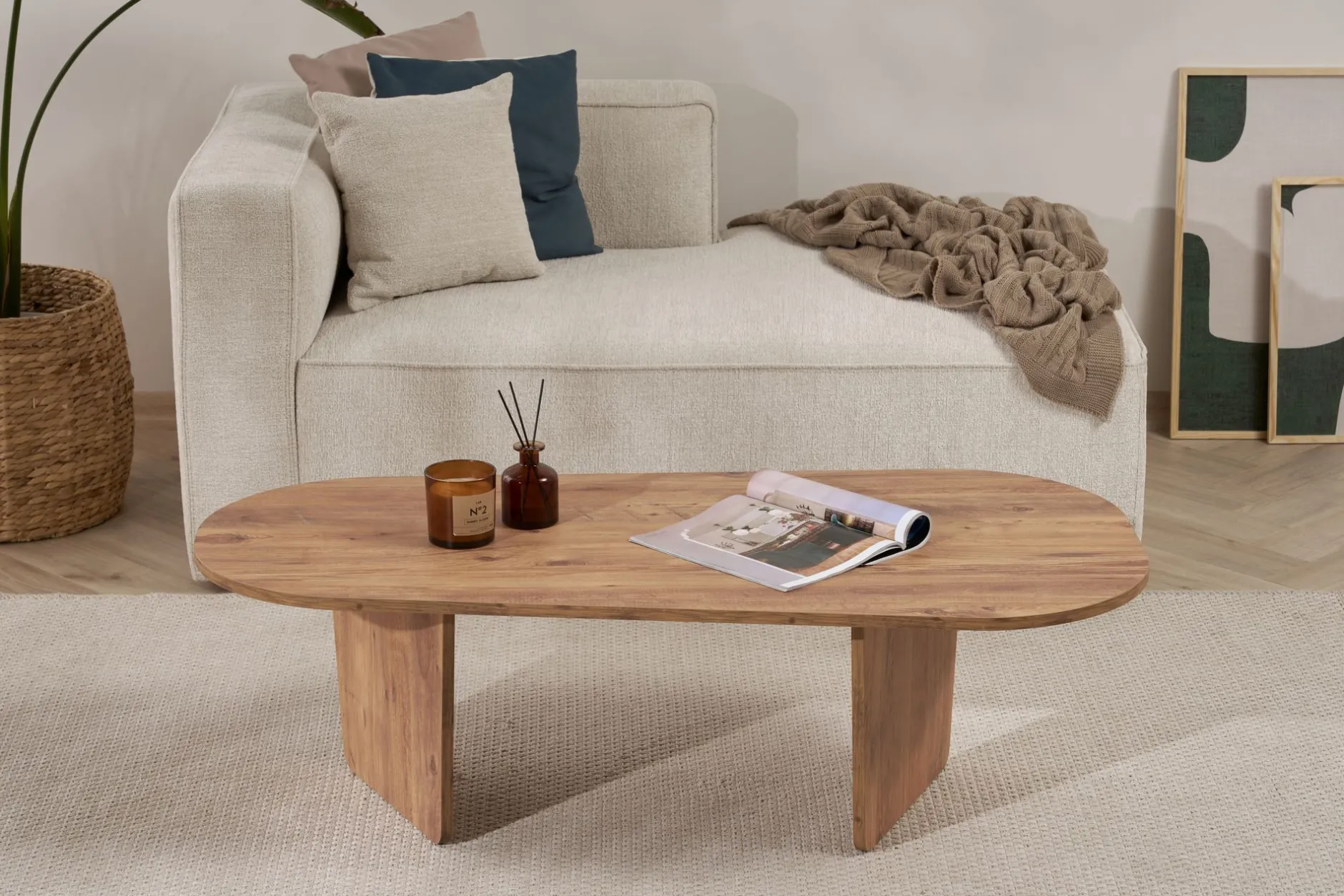 Couchtisch Ovalis - 100% MELAMINE - Atlantik-Kiefer - 40 x 65 x 130 cm