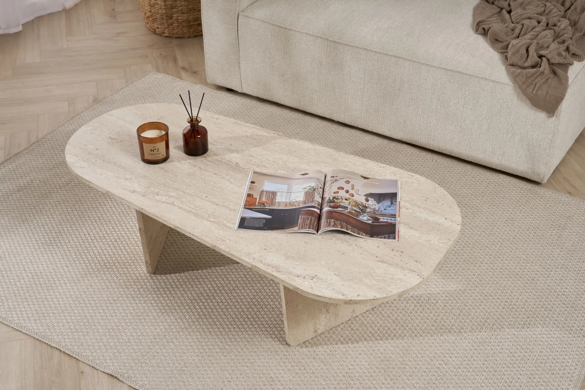 Couchtisch Ovalis - 100% MELAMINE - Travertin - 40 x 65 x 130 cm