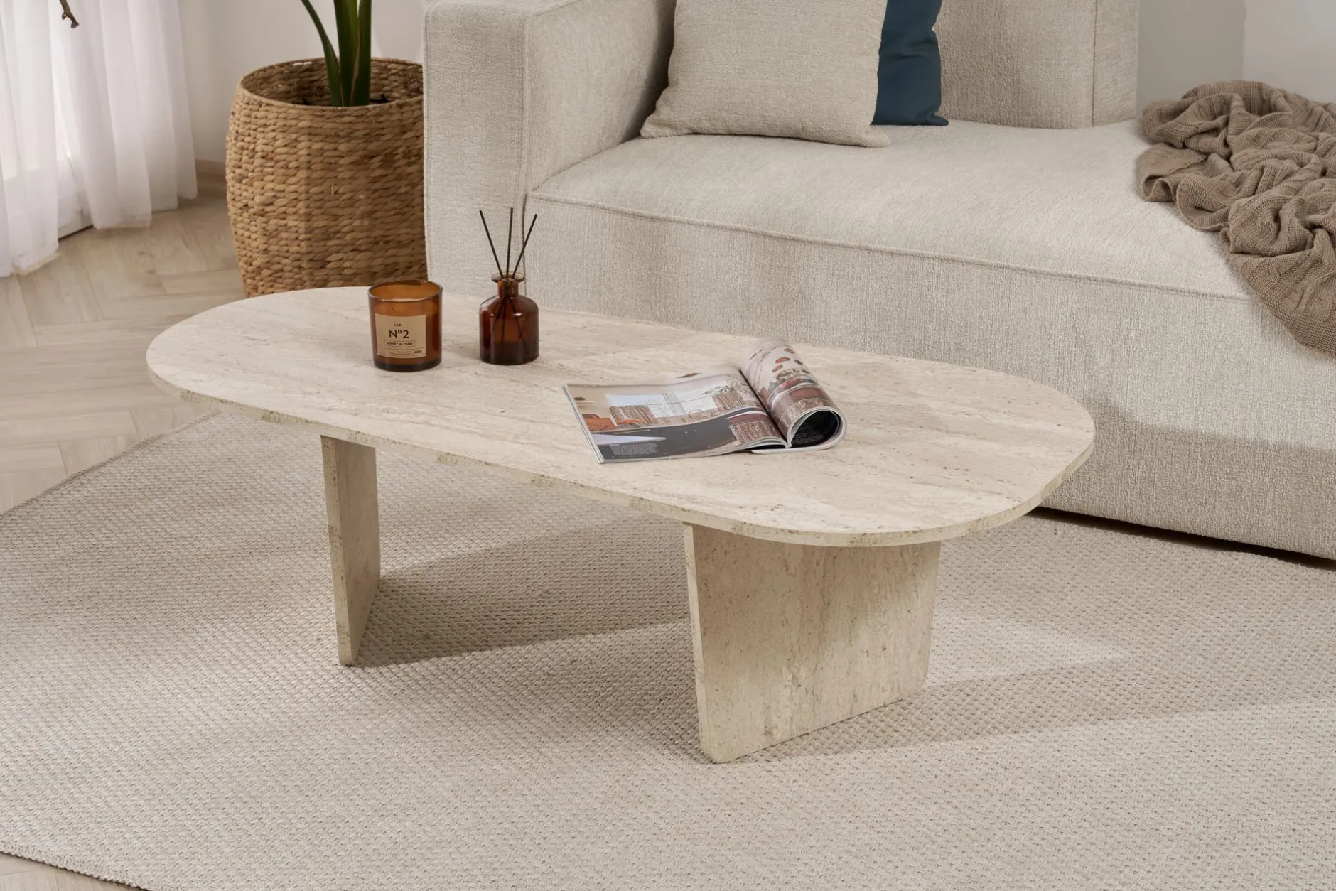 Couchtisch Ovalis - 100% MELAMINE - Travertin - 40 x 65 x 130 cm