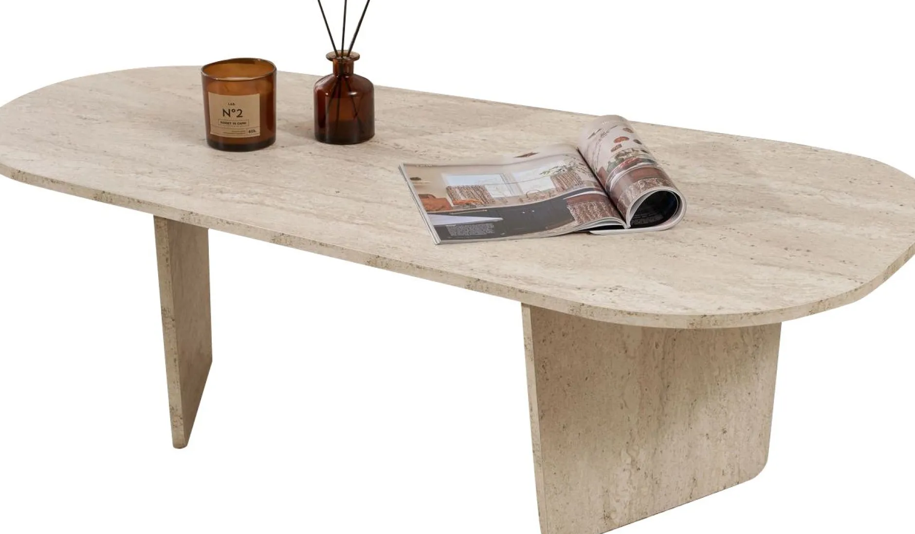 Couchtisch Ovalis - 100% MELAMINE - Travertin - 40 x 65 x 130 cm