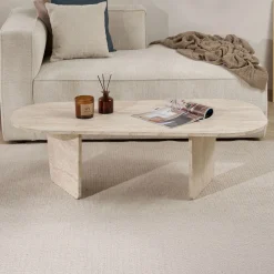 Couchtisch Ovalis - 100% MELAMINE - Travertin - 40 x 65 x 130 cm